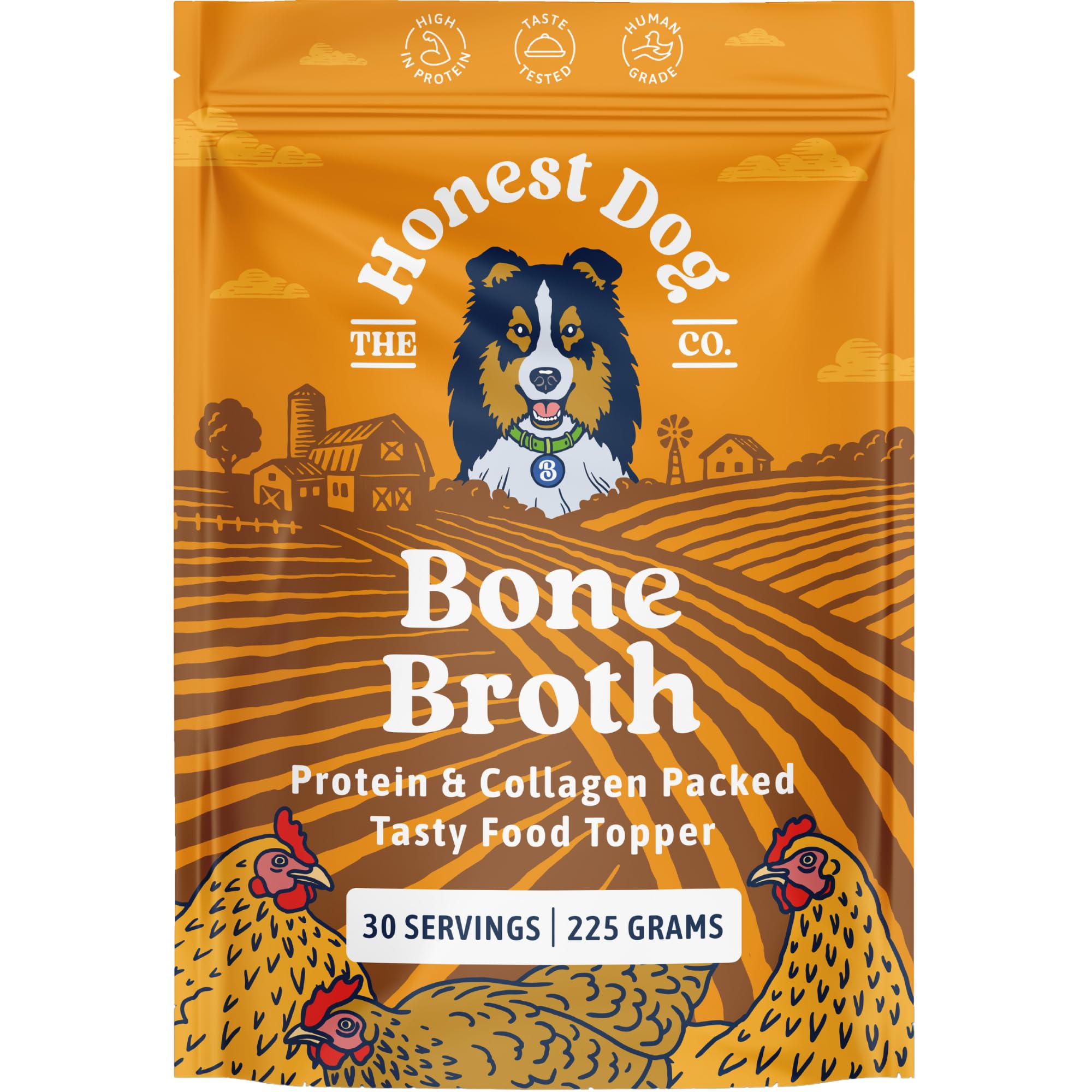 Honest Dog Co. Bone Broth for Dogs and Cats (225 Grams, 30 Servings) - High in Collagen and Protein Chicken Bone Broth Powder for Dogs - Dog and Cat Food Topper for Dry Food - Chicken Gravy Granules