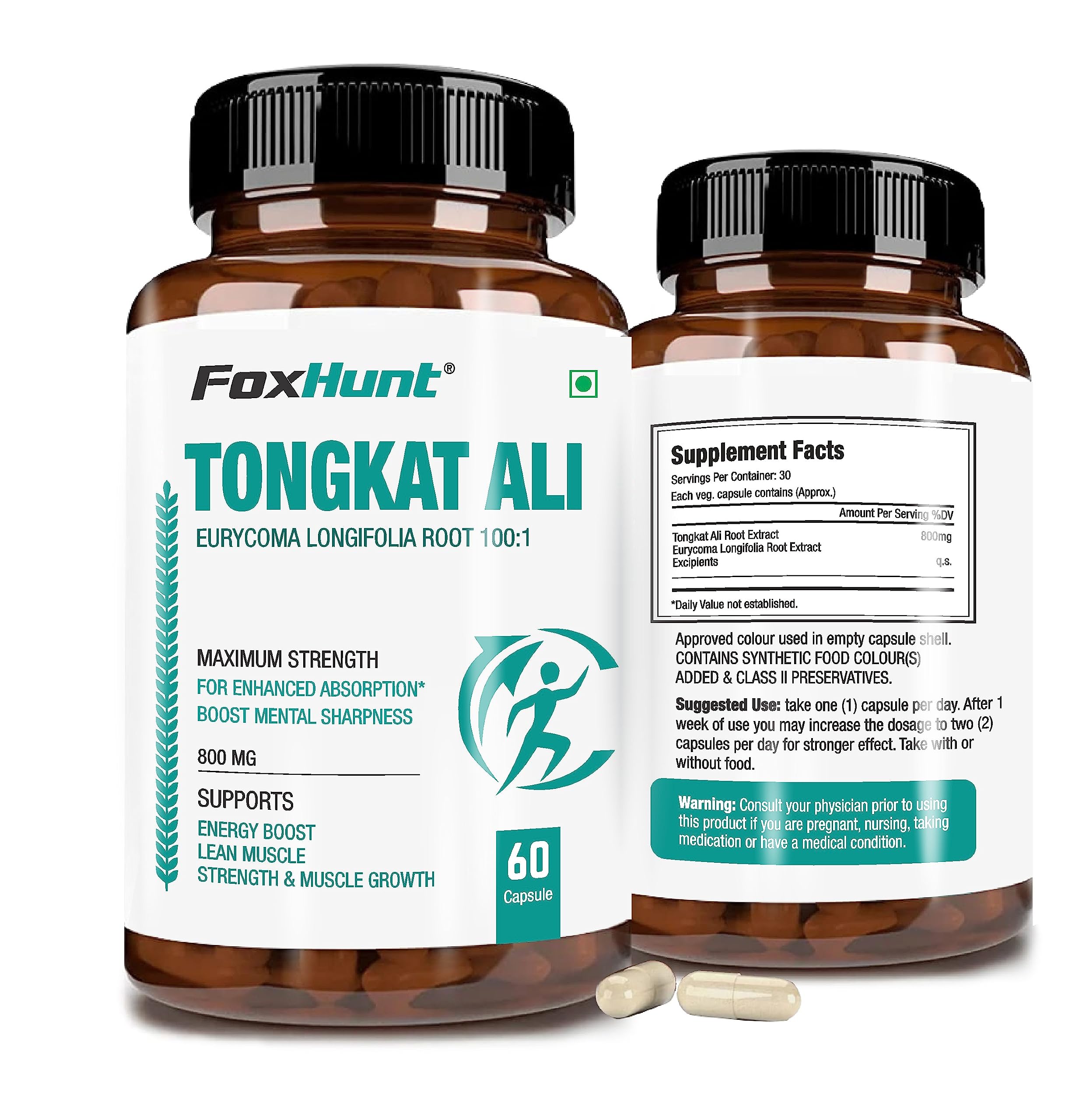 FOX HUNT Tongkat Ali Capsule For Men Extra Strength Men's Supplement Support Energy Workout Memory & Endurance 800 Mg- (60 Counts)