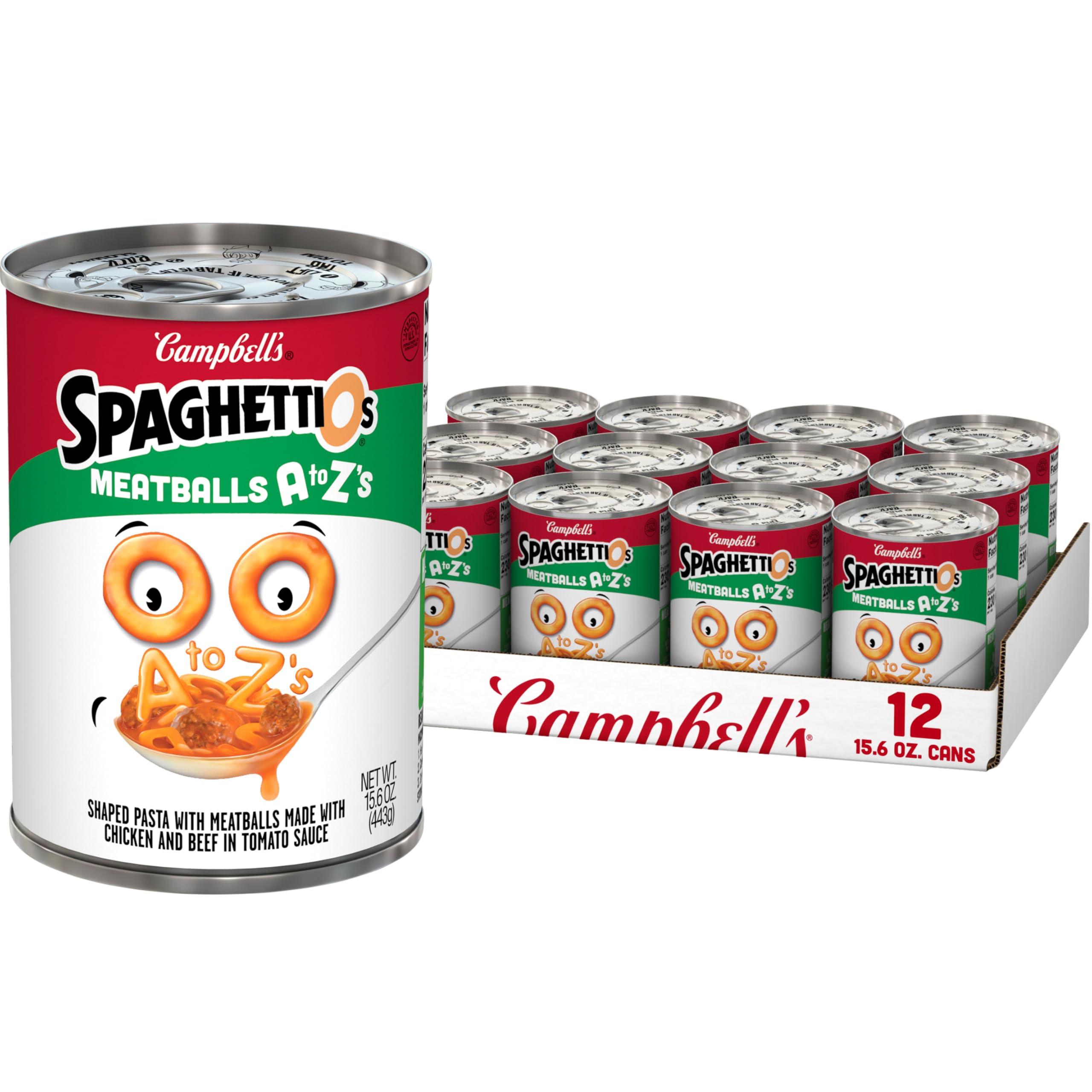 SpaghettiOs A to Z's Canned Pasta with Meatballs, 15.6 oz Can (Pack of 12)