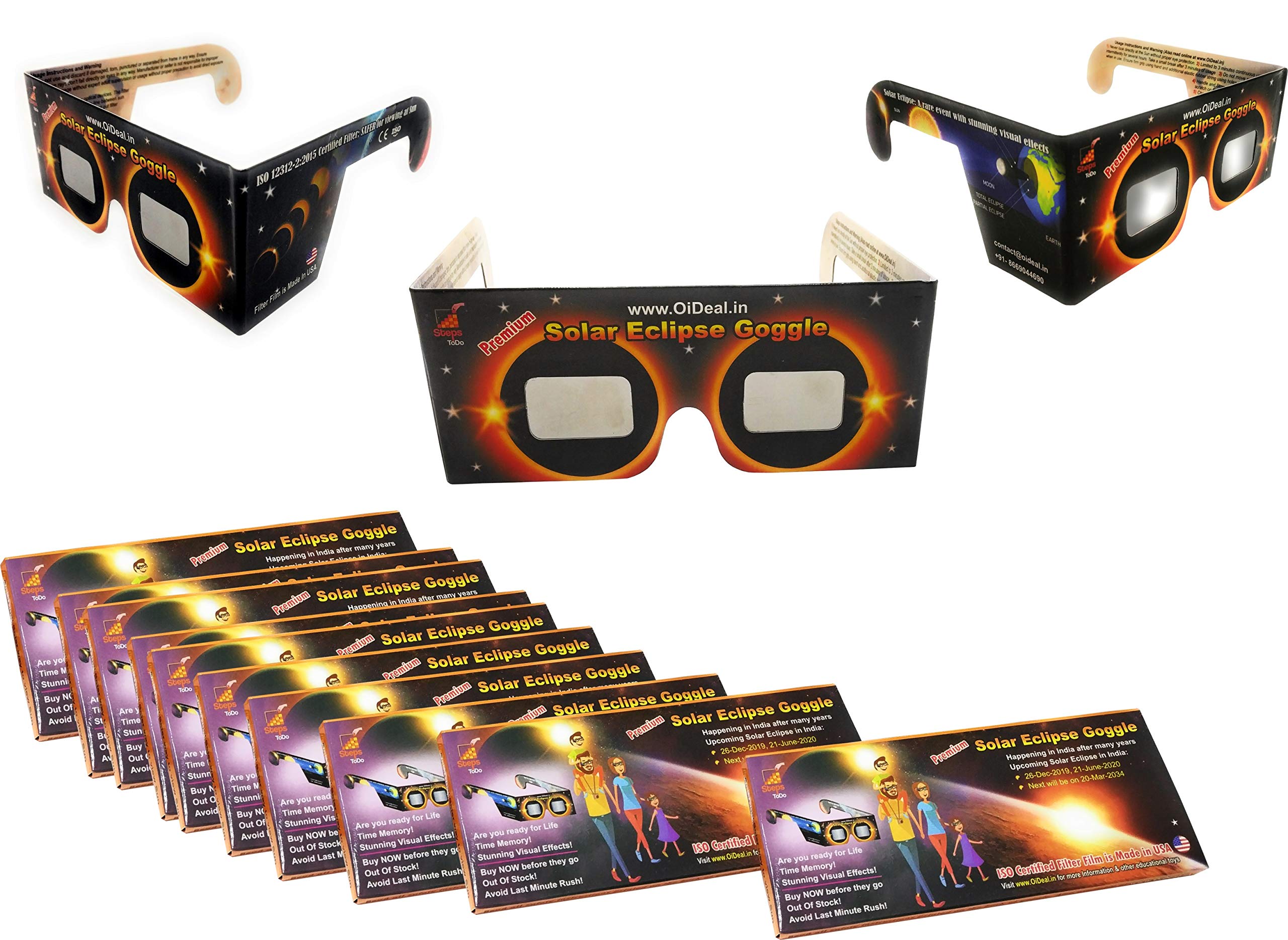 StepsToDo (with device) Premium Solar Eclipse Goggle. Sun Viewer Glasses with ISO Certified Films (Set of 10)