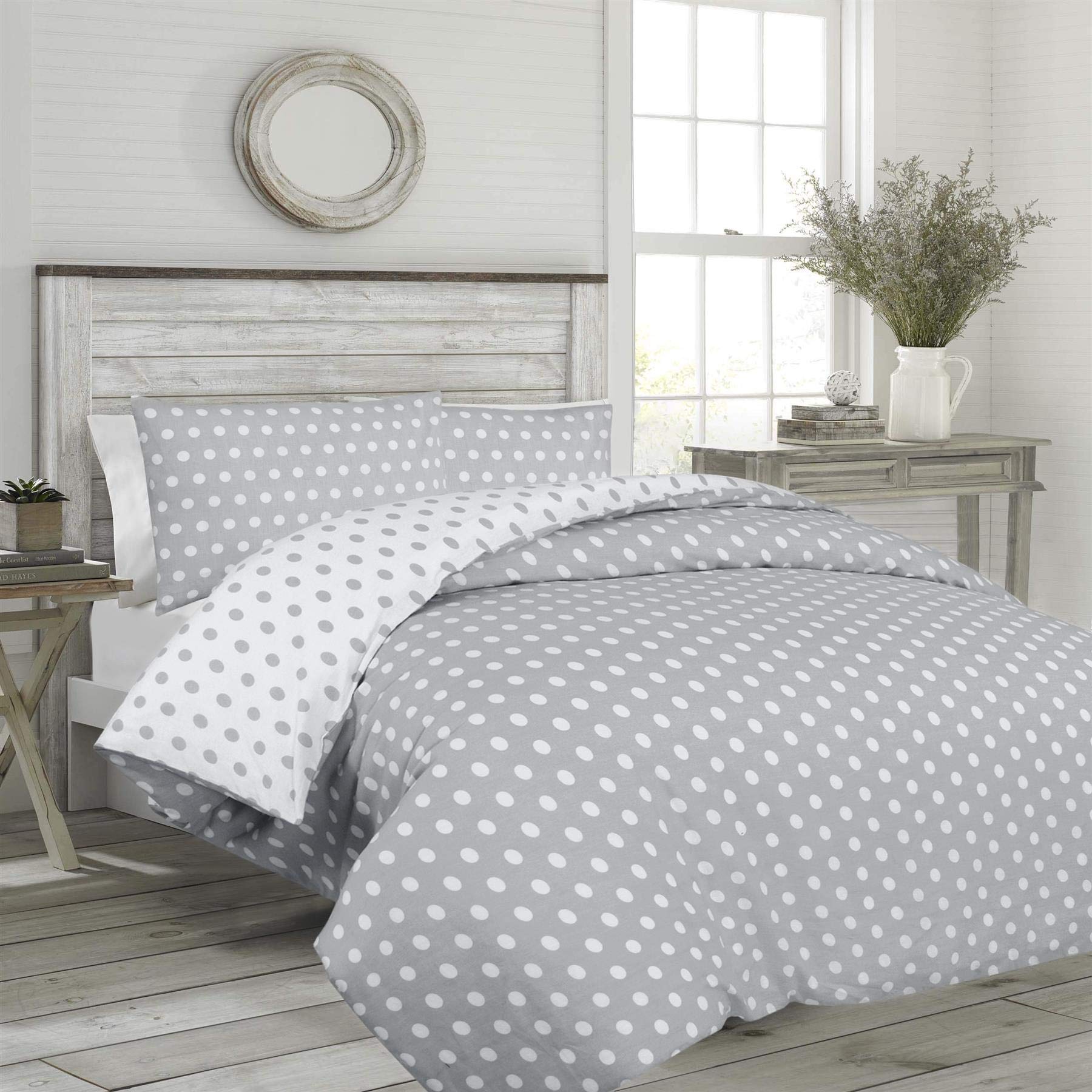 Nimsay Home Polka Dot 100% Cotton Duvet Cover and Two Pillowcases Bed Linens Set - Grey - King