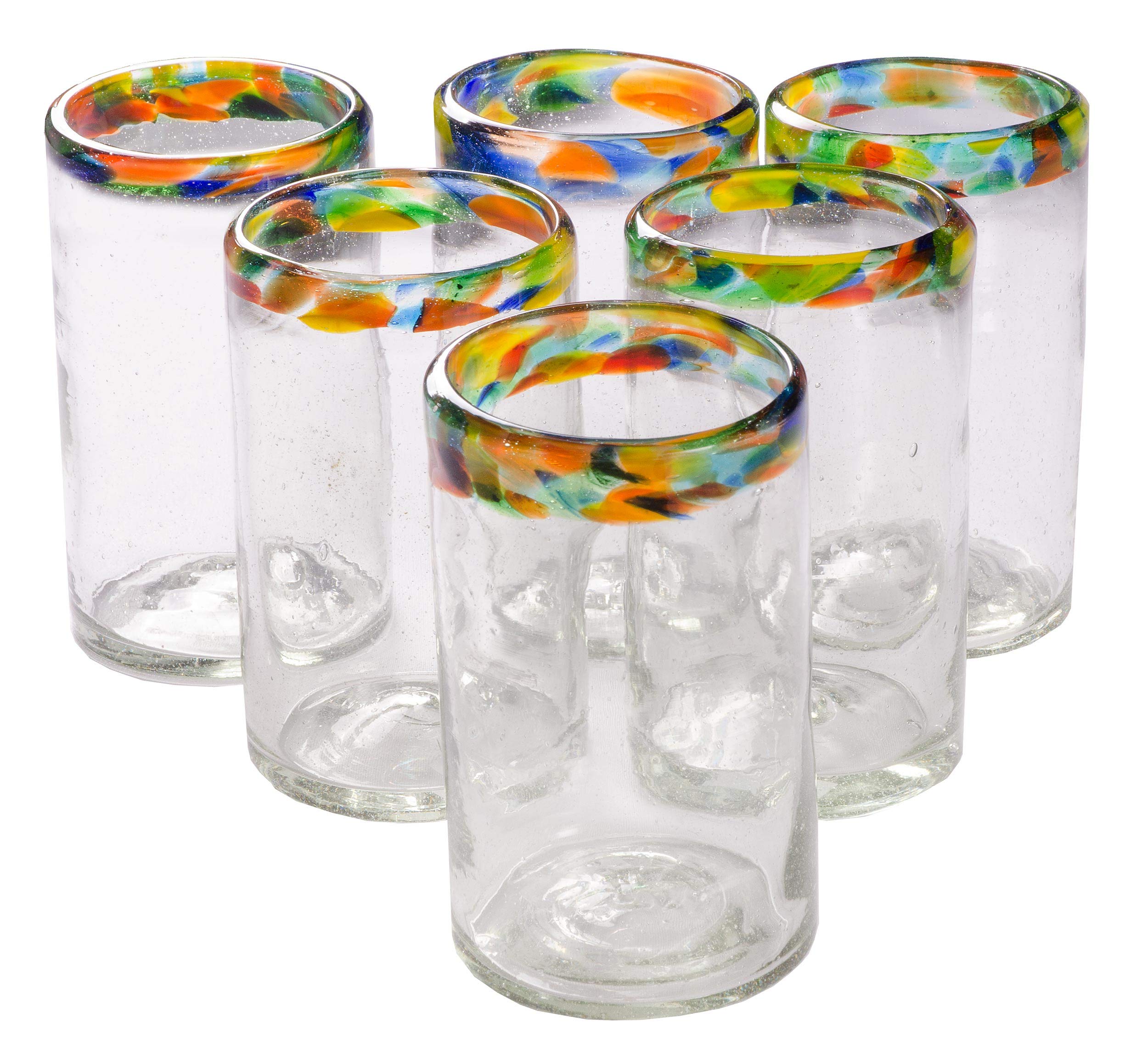 Confetti Rim Original Tumbler - 16 oz. -  Set of 6 - Handmade Mexican Glassware by Orion | Hand Blown | Vibrant Colors | Restaurant Grade | Lead-Free Drinking Glasses