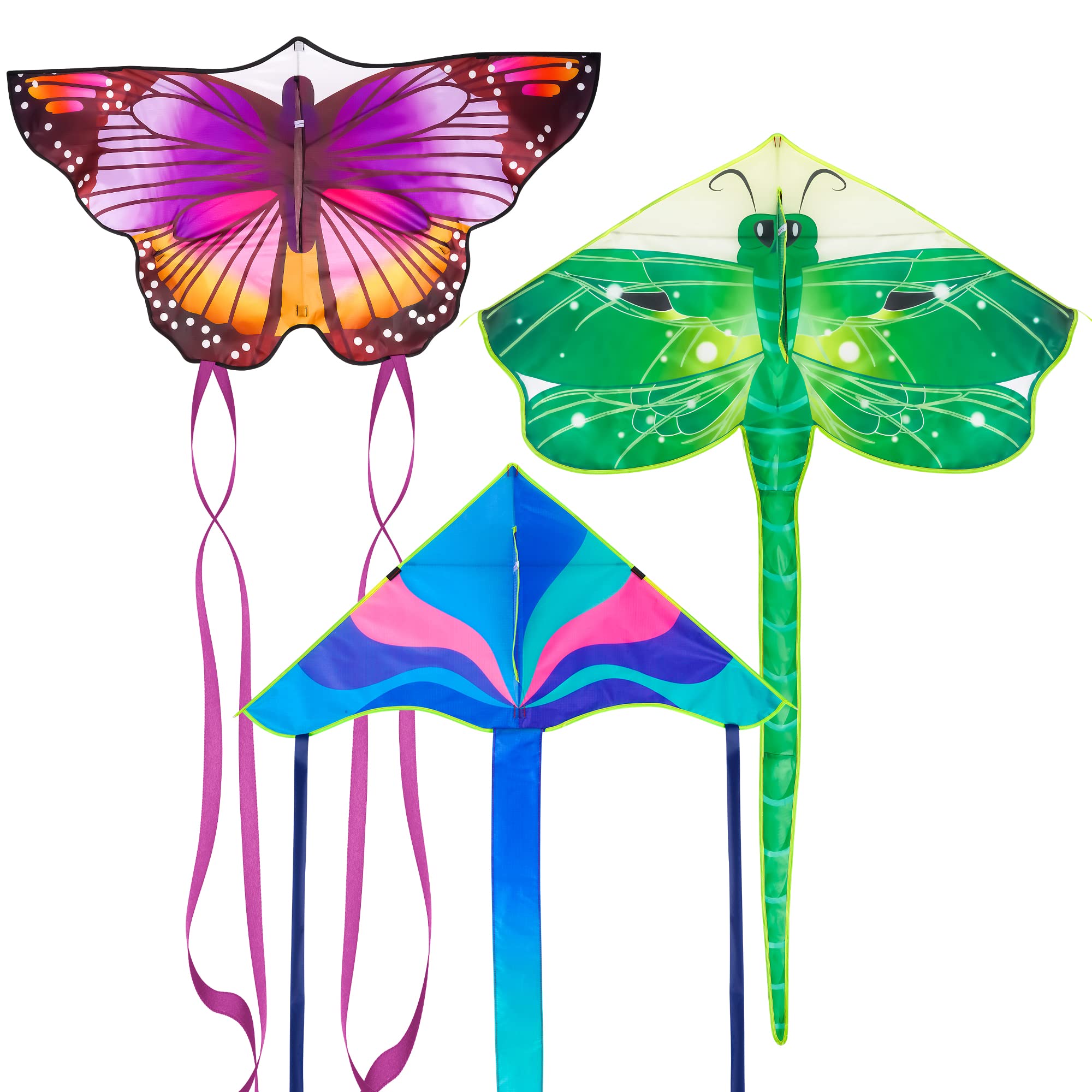 3 Pack Large Kites - Butterfly Delta Dragonfly Kites Easy to Fly for Adults Kids Beach Park Outdoor Game Activities, Gifts for Easter and Festival