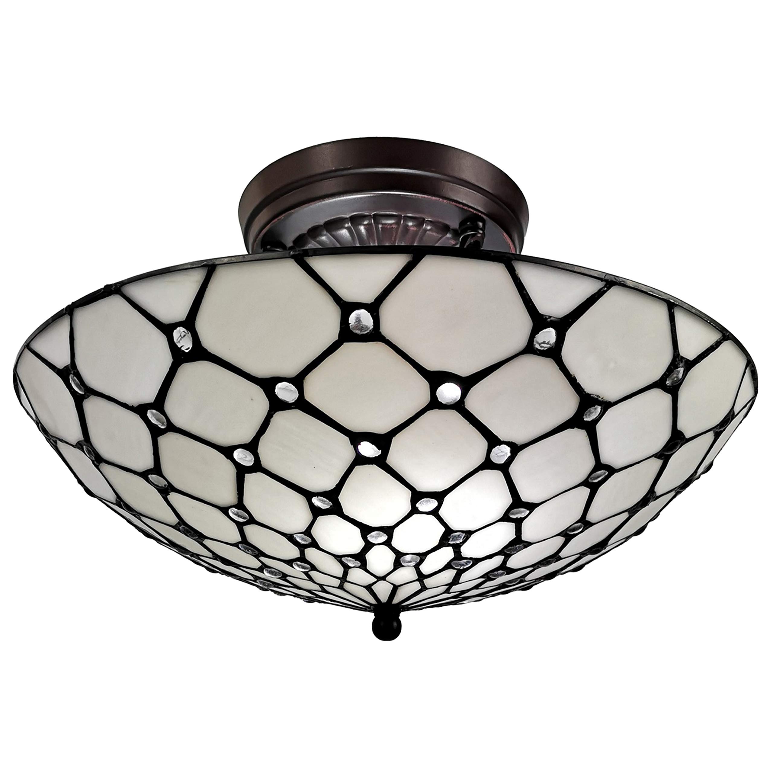 Tiffany Style Ceiling Fixture Lamp Jeweled 16" Wide 2 Light Stained Glass White Cream Antique Vintage Decor Living Room Bedroom Hallway Kitchen Gift AM030CL17B Amora Lighting