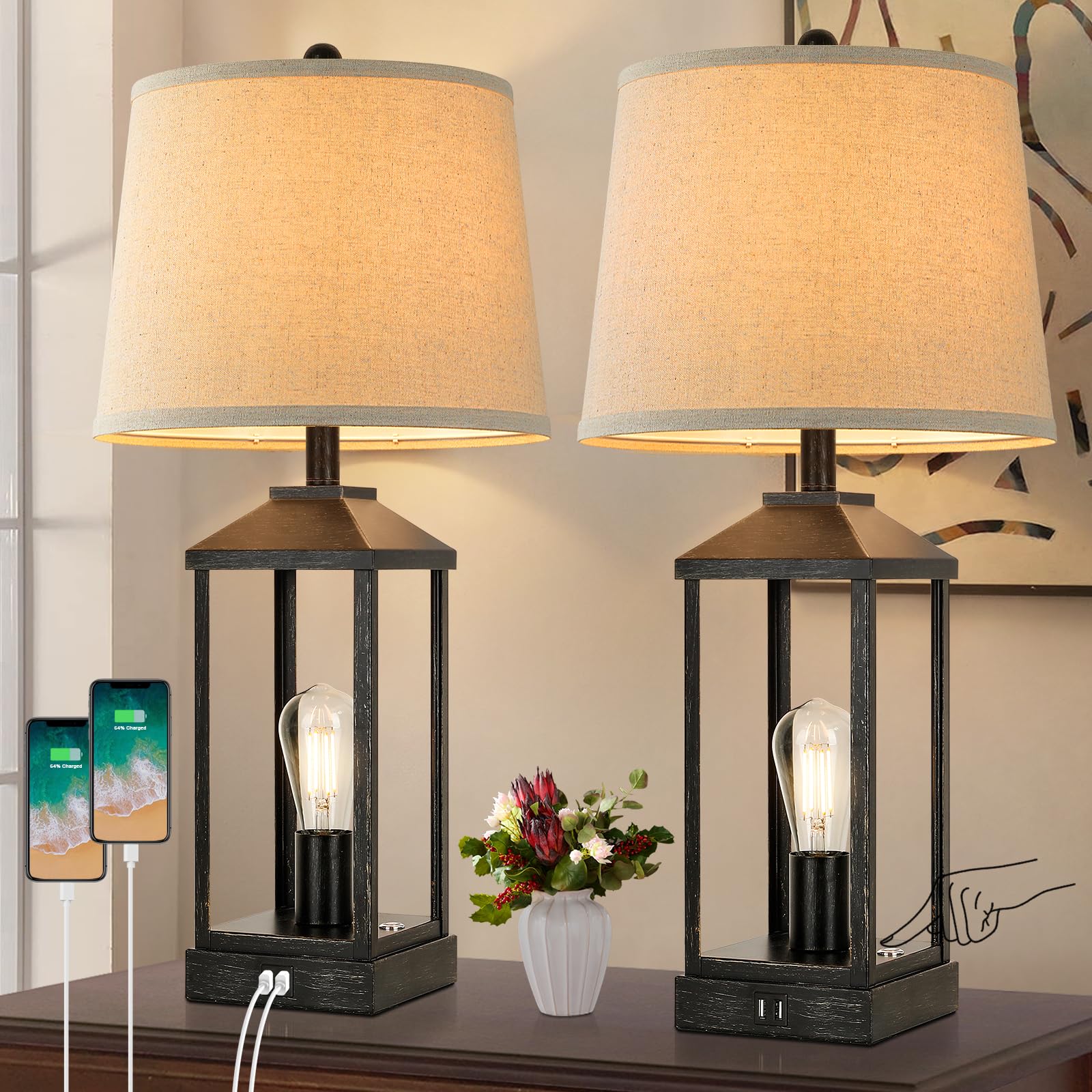 BrighteverTable Lamps Set of 2, Farmhouse Bedside lamp with USB Charging Ports, 3-Way Dimmable Touch Control Nightstand Lamps, 28" Tall Table Lamp for Living Room, 4 Bulbs Included, Black