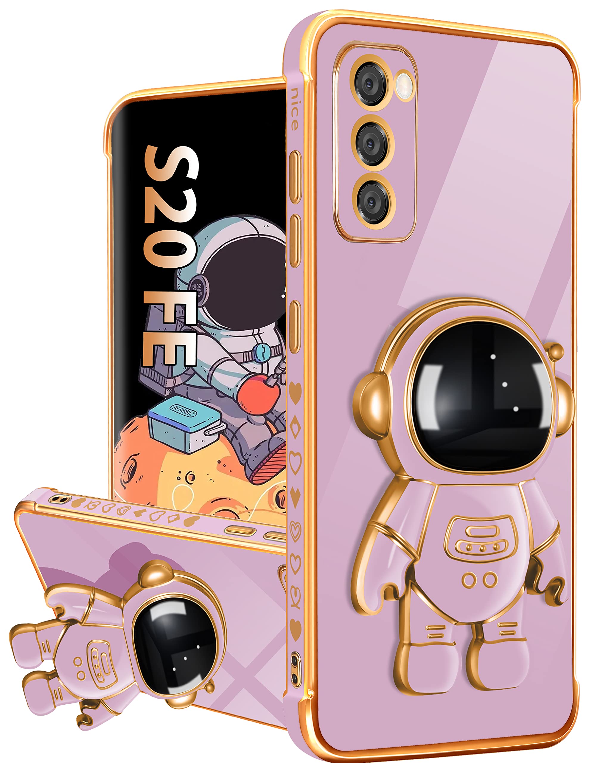 Buleens for Samsung Galaxy S20 FE Case, Galaxy S20 FE 5G Cases with Astronaut Stand, Cute Heart Pattern 6D Gold Plating Cover for Samsung S20 FE 5G 6.5 Inch Purple