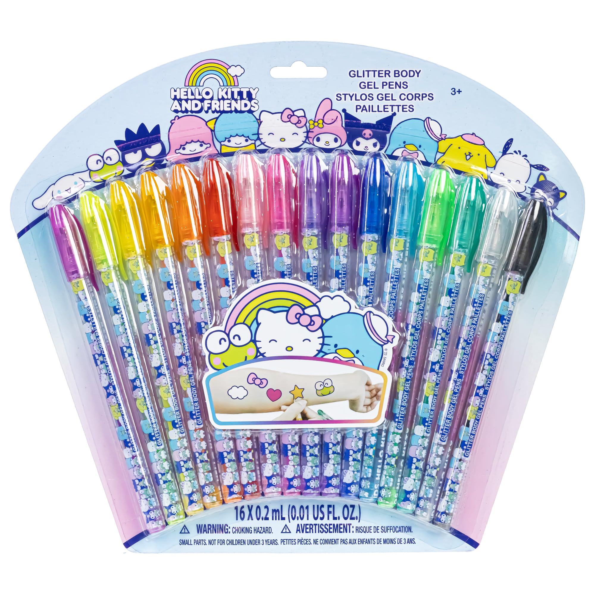 Townley Girl Hello Kitty and Friends 16 Piece Glitter Pen Body Art Set, Glittery and Bright Colors, Ages 3