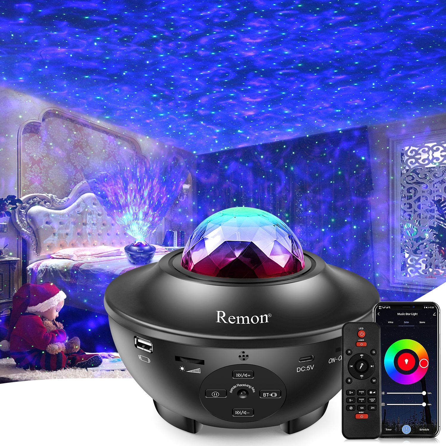 RemonStar Projector Galaxy Projector Smart Night Light with 10 Colors Ocean Wave and Starry Scene Works with Alexa and Google Home, Valentine Gift Bluetooth Music Speaker for Kids Bedroom