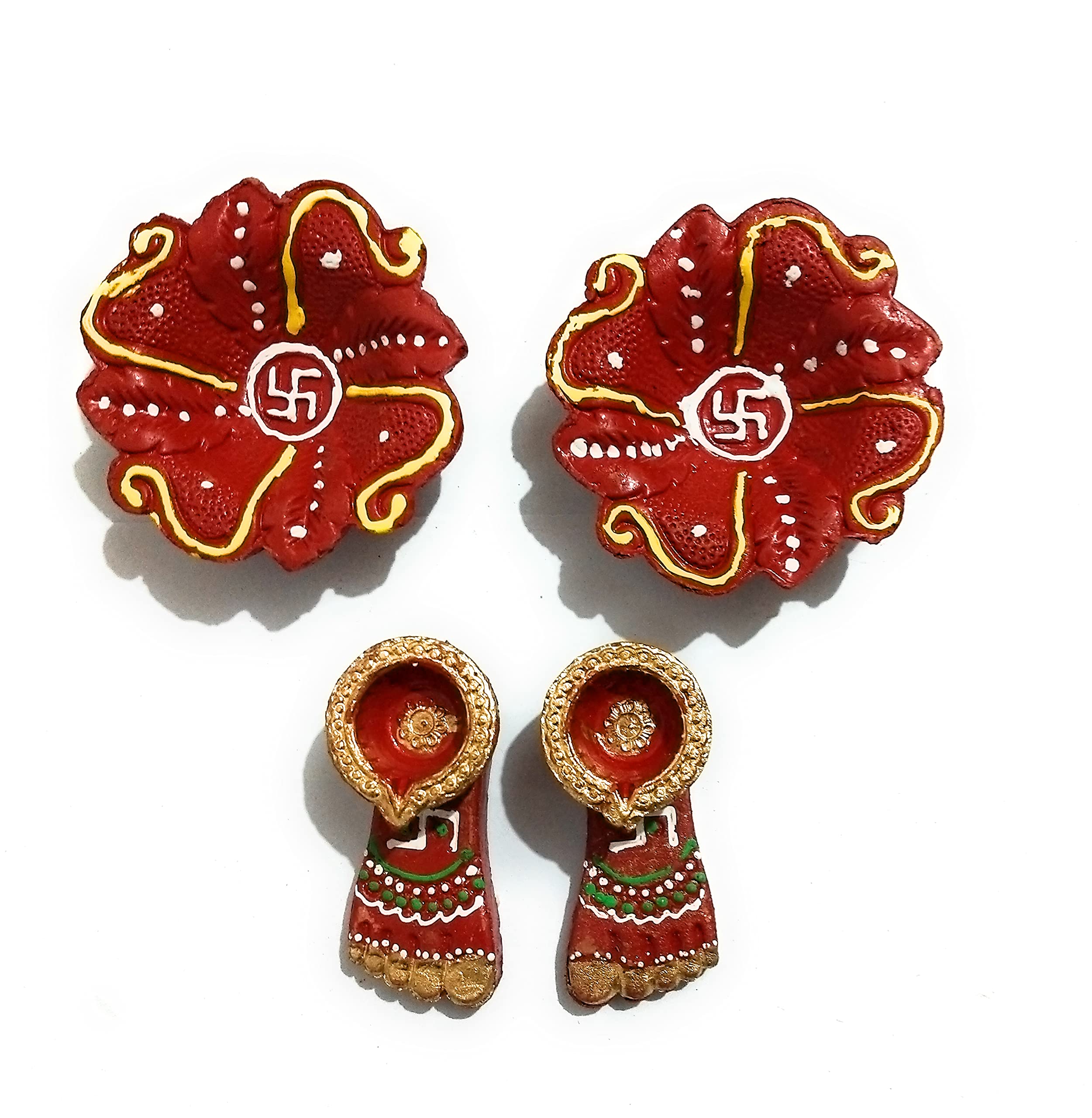 Red Satvik Diwali Handmade Fancy Clay Diya & MATA Rani Charan(Feet) for Navratri Diwali Puja Set of 3 with Diwali Gift