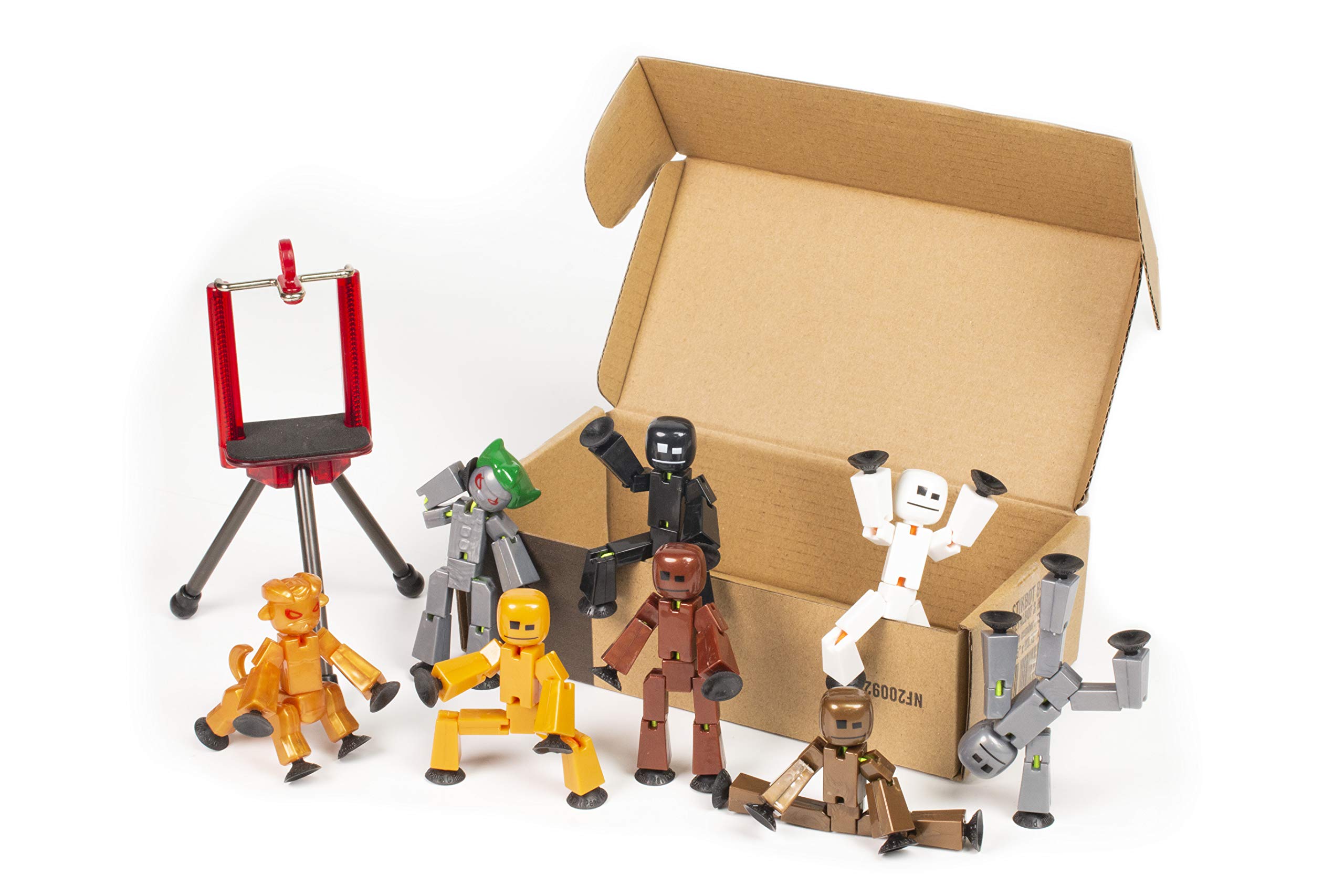 StikBotZing Metal and Monsters s Set, Includes 8 Poseable Action Figures and Mobile Phone Tripod, White / Black / Silver / Gold / Bronze / Brown Colours / Monsters Giggles and Kyron