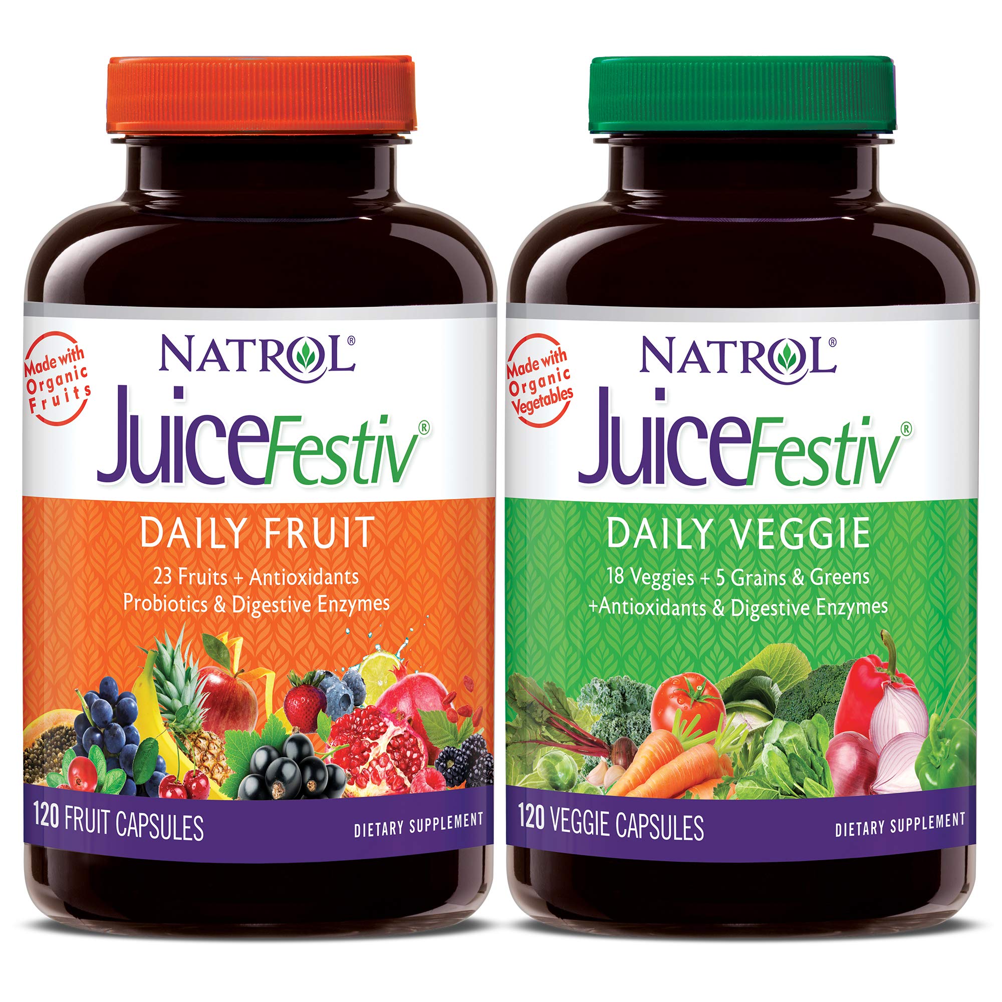 Natrol JuiceFestiv Daily Fruit and Veggie Capsules with Probiotics and Digestive Enzymes 240 Count