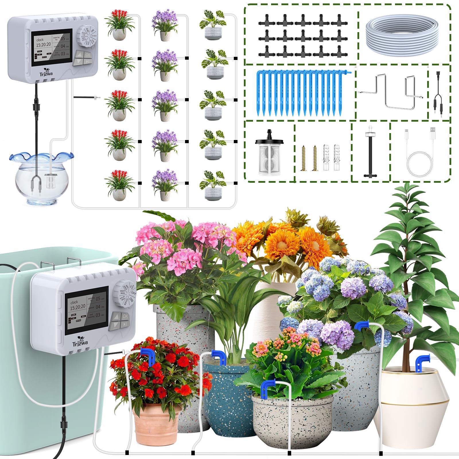 Automatic Watering System TRJZWA Newest Indoor Plant Watering System Kit DIY Plant Watering Device with Customize Schedule Water Timer, USB Power for Vacation Plant Watering System for Balcony/Indoor