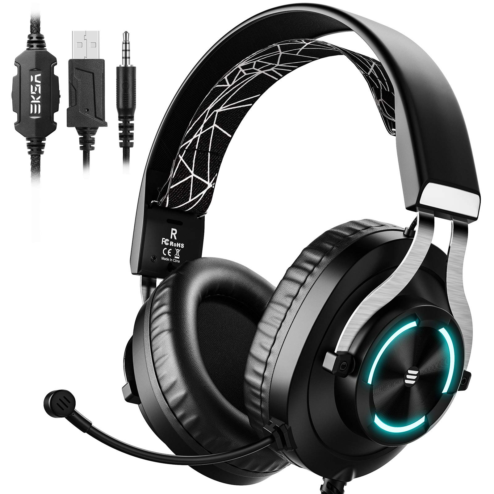 EKSA E3000 Gaming Headset 7.1 Surround Sound,Ps4 USB Headset with Mic,Gaming Grade 50Mm Drivers,Mic/Volume Control,Soft Earmuffs Led Over-Ear Headphones Only for Pc/Ps4,Wired , BLACK