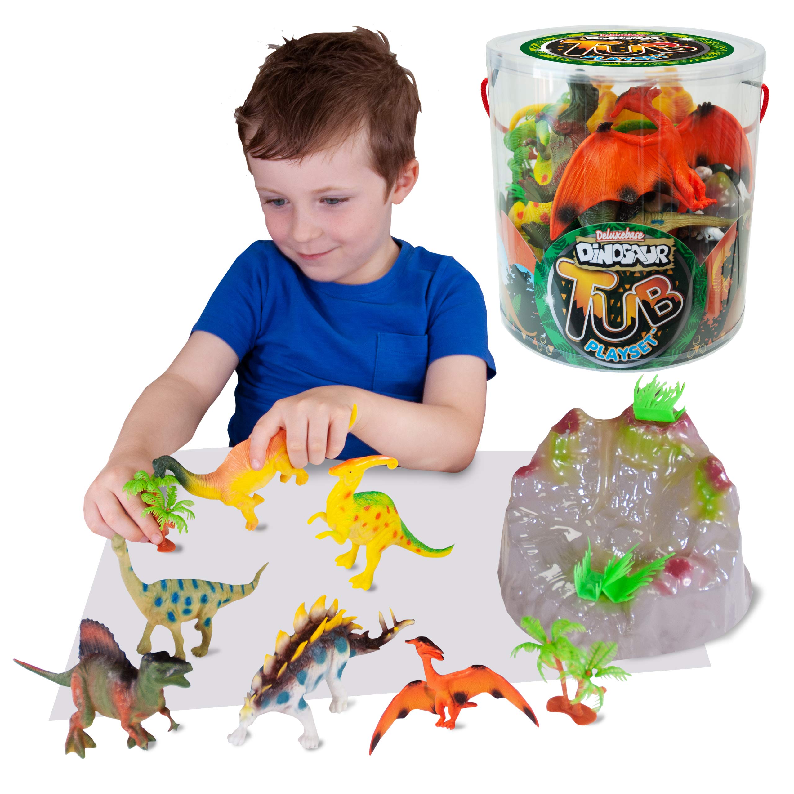 Tub Playsets - Dinosaur Toys. Fantastic Dinosaur Toy Set for Kids from Deluxebase. Set Includes Stegosaurus, Pterodactyl, Parasaurolophus, Spinosaurus, Two Brontosaurus, and a Huge Prehistoric Rock