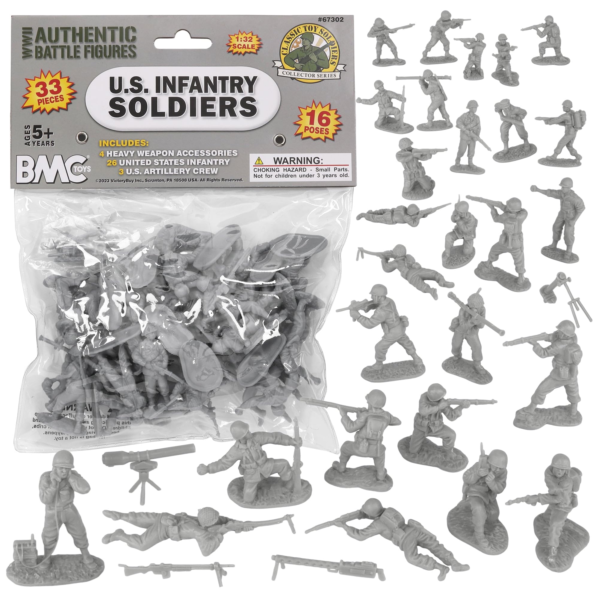 BMC CTS WW2 US Infantry Plastic Army Men - 33pc Gray 1:32 Soldier Figures