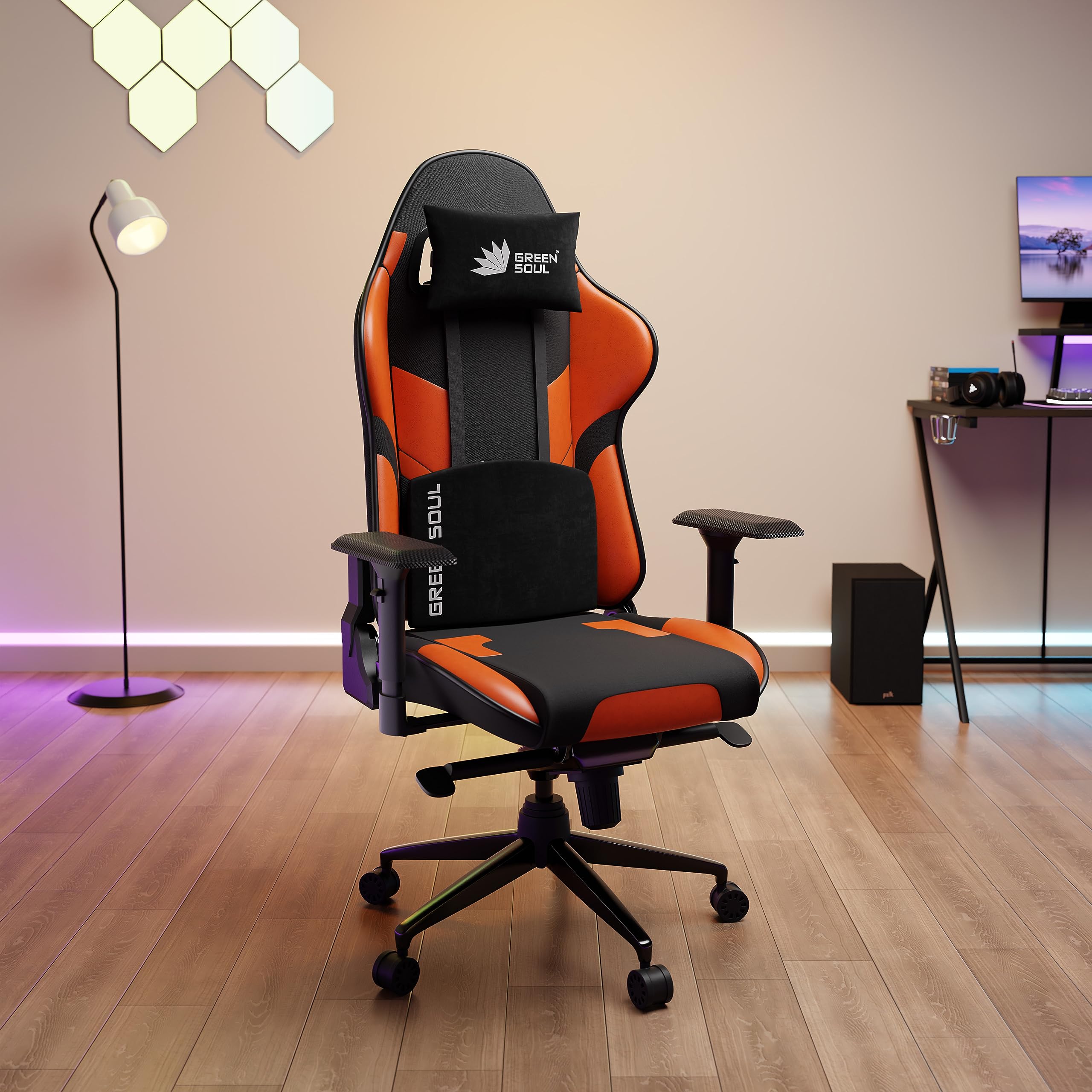 Green Soul Xtreme Multifunctional Ergonomic Gaming & Office Chair|Premium PU Leather Upholstery|4D Armrests|Adjustable Neck, Lumbar Pillow|180° Back Recline (Black & Orange) Installation Provided