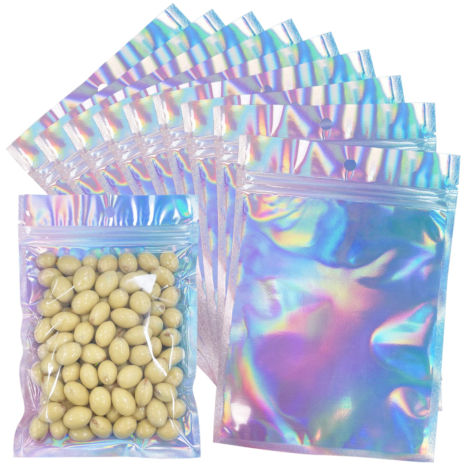 HRX Package Holographic Ziplock Bags, 14x20cm Sealable Mylar Sweet Pouch Foil Bags for Wax Melt Packaging Food Sample Bags(Pack of 50)