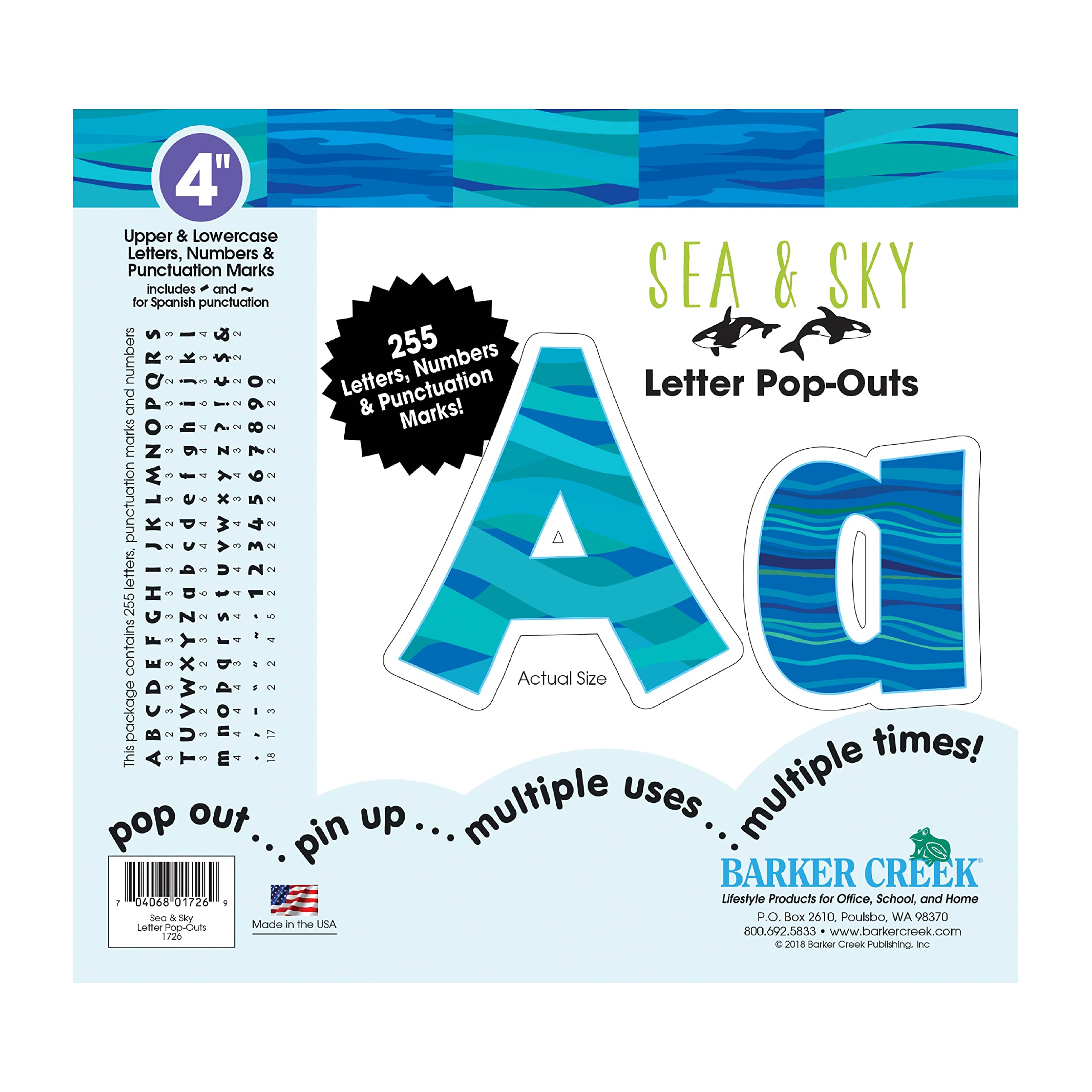 BARKER CREEK Letter Pop-Outs, 4" Sea & Sky, Multicolor Designer Letters for Bulletin Boards, Breakrooms, Reception Areas, Signs, Displays, and More! 4", 255 Characters per Set (1726)