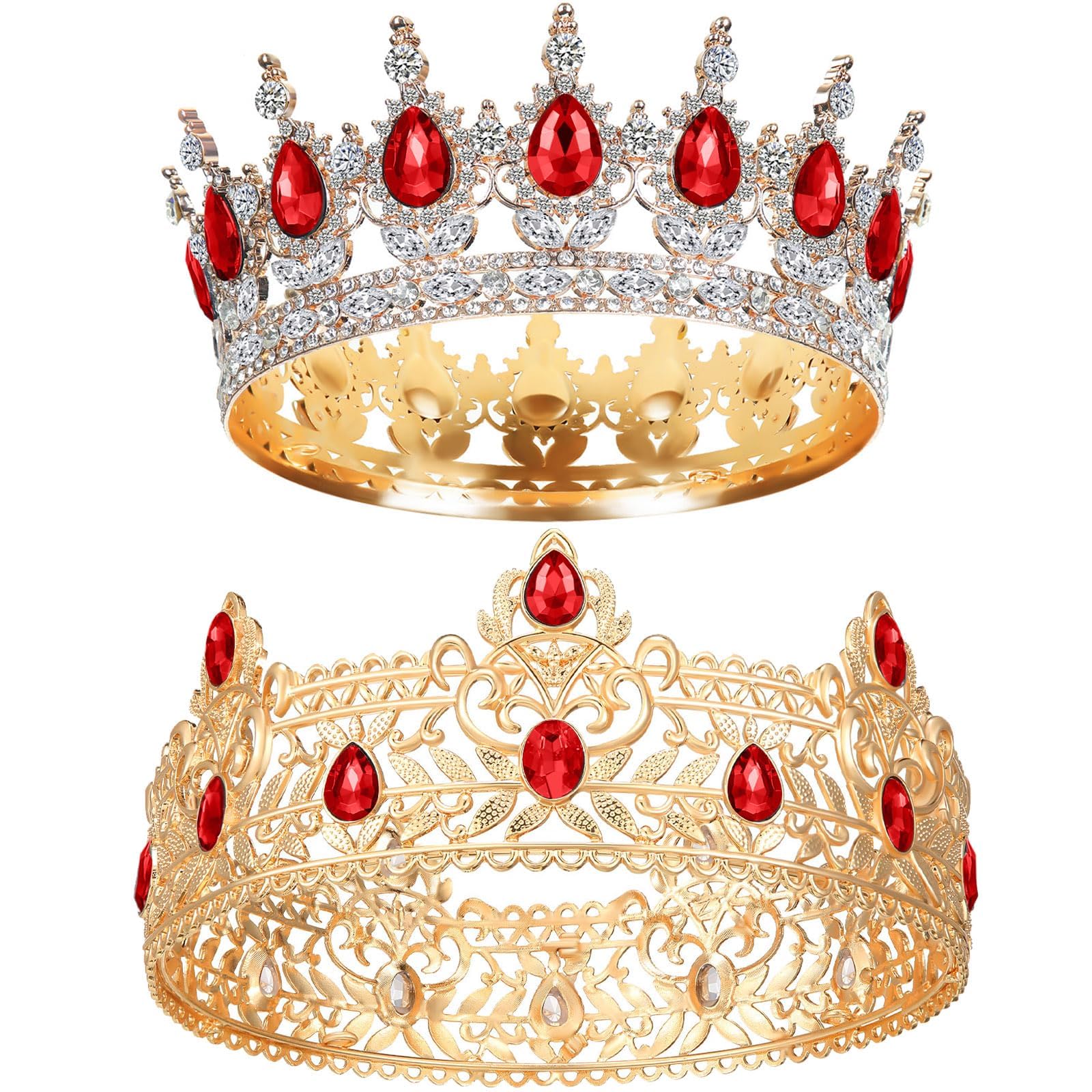 TERRIFI Prom King and Queen Crowns, Prom King Crowns, for Men Royal Crown with Red Rhinestone, Women Queen Crowns with Round Crystal Gold Tiara, for Wedding Birthday Party Costume