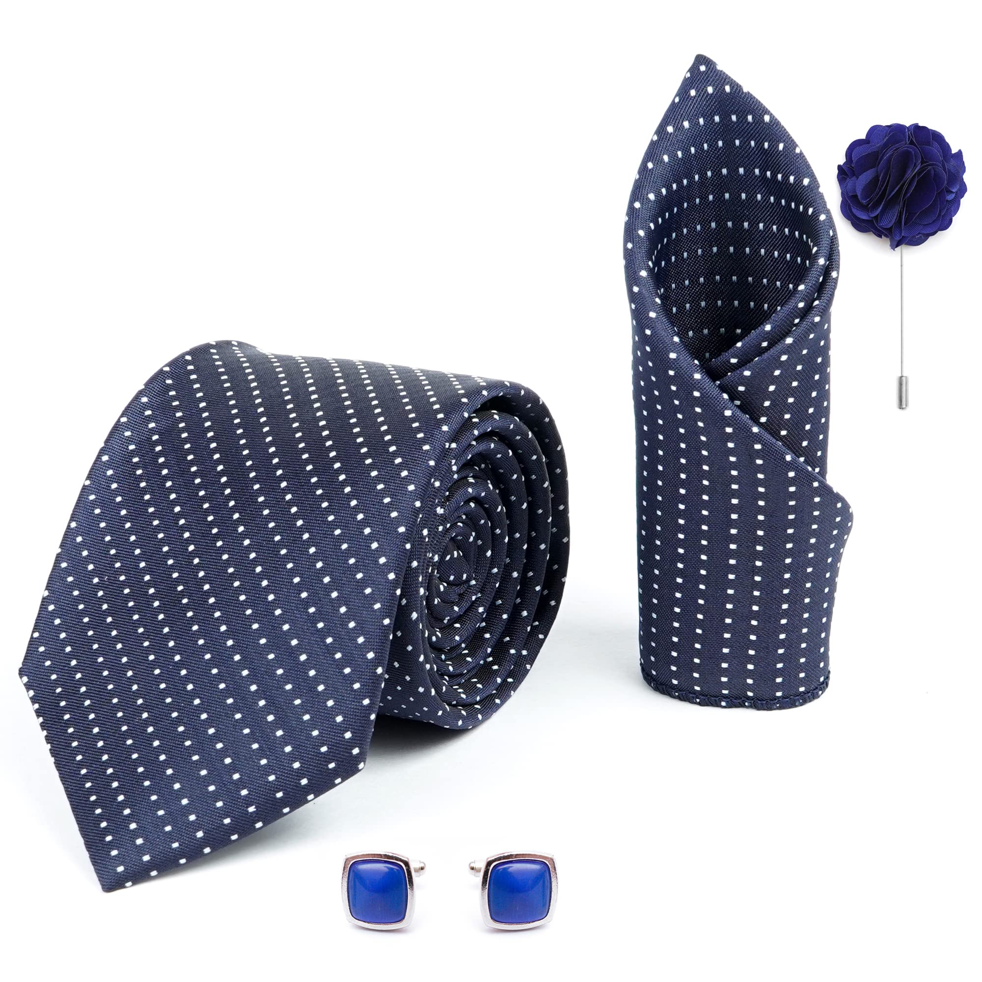 AxlonMens Plaid Dotted Silk Necktie Gift Set With Pocket Square Cufflinks & Brooch Pin Tie For Men Formal With Leatherite Box (D1RX Free Size) | (Leather Gift Box) (Pack of 4)