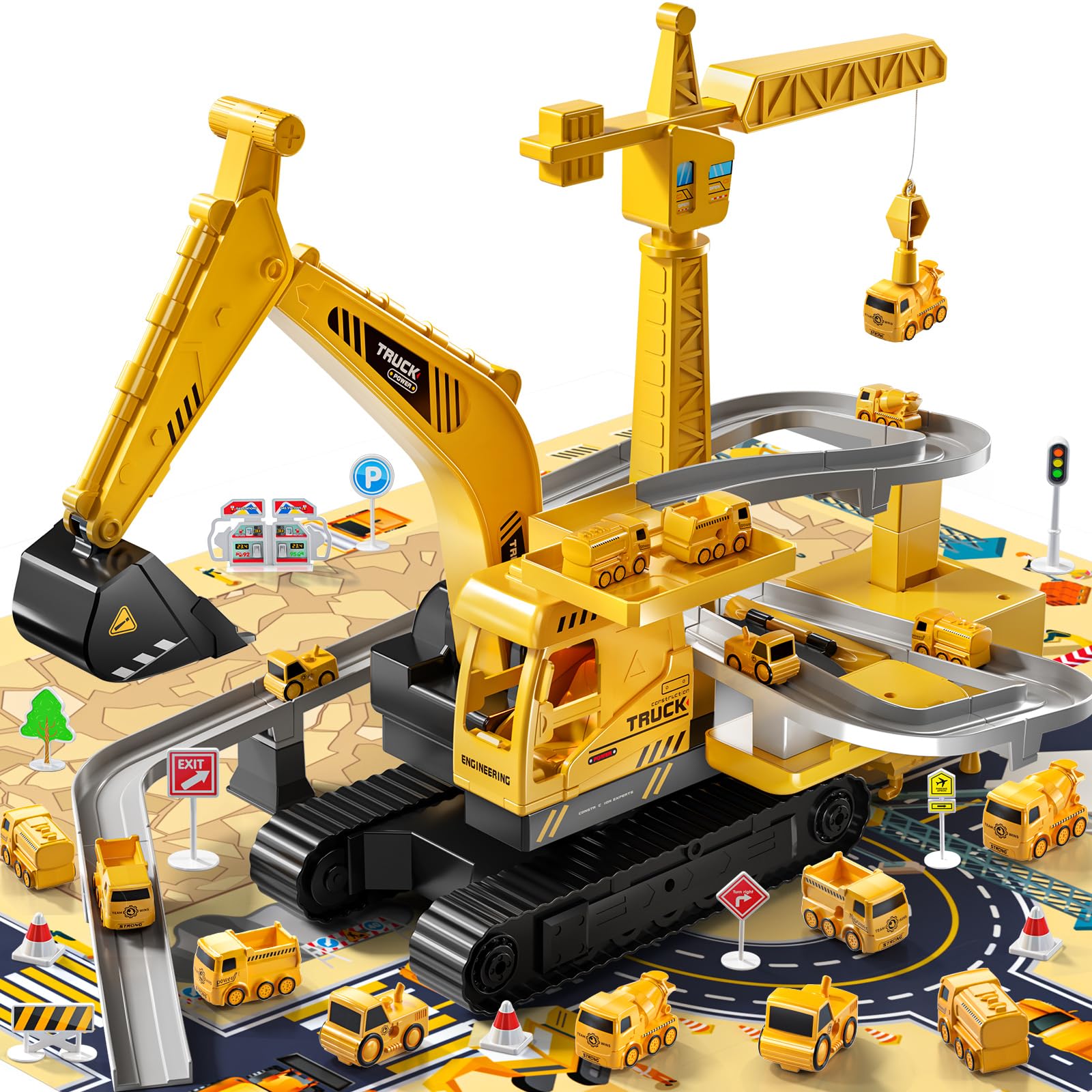 TEMIConstruction Truck Toys for Boys 3 4 5 6 7 Years Old - Engineering Digger Race Tracks, Kids Excavator Crane Toys for Toddlers and Kids 3+ Years, Birthday Kids Gift Boys & Girls Aged 4-6