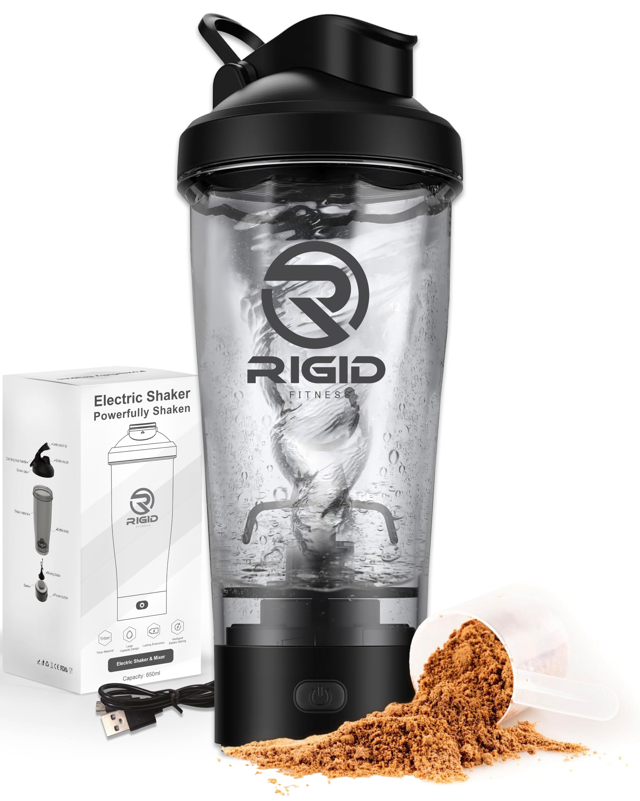 RIGID FITNESS Electric Protein Shaker Bottle, 100% Leakproof Mixer - USB Rechargeable Blender Bottles, Shaker Bottles for Protein Mixes, Made with Tritan Safe Material - Free BPA - 650ml (Black)