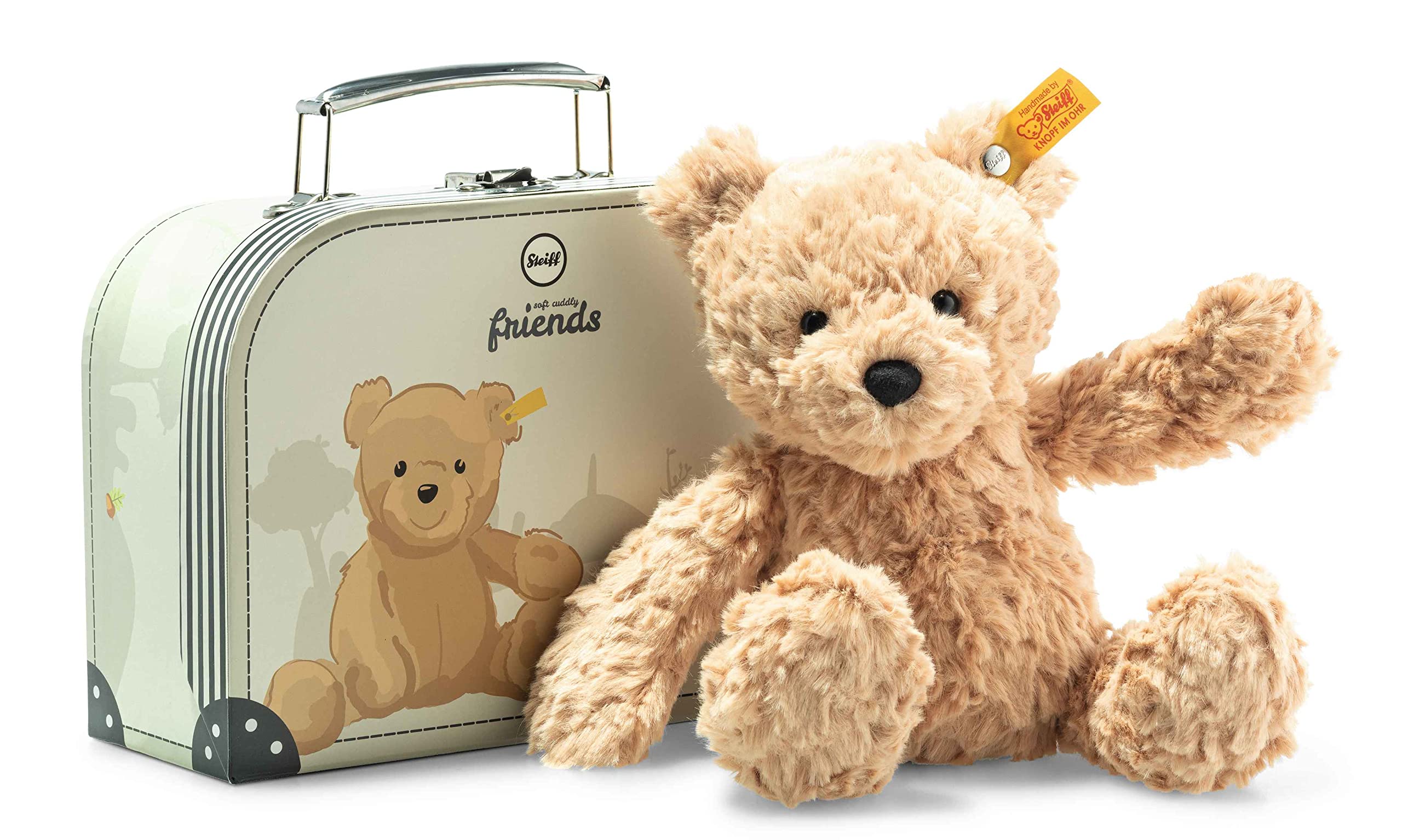 Steiff Cuddly Toy Bear Jimmy in Suitcase, Cute Stuffed Toy, Boys, Girls & Babies from 0 Months, Soft Cuddly Friends, Plush Toy 25 cm, Light Brown, 113918