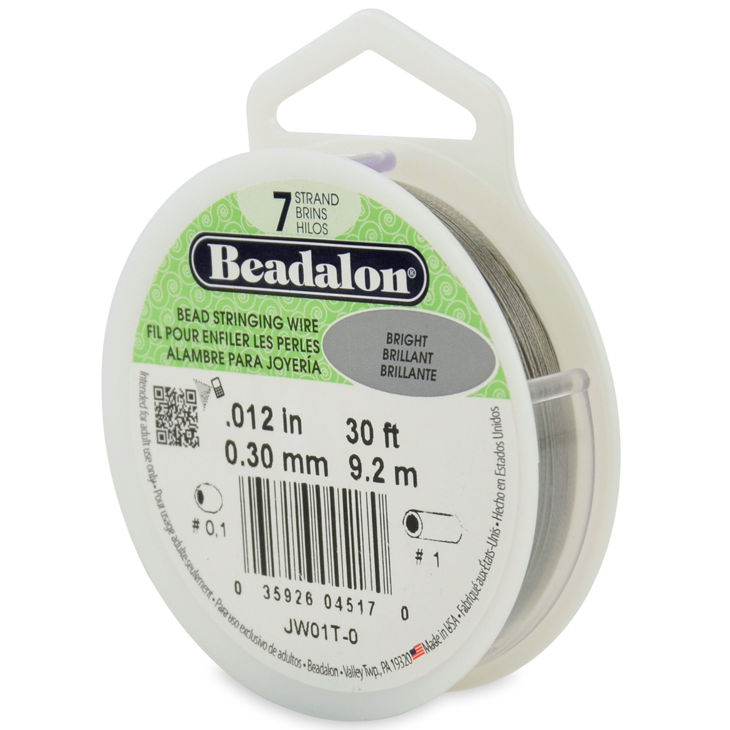 BeadalonJW01-T-0 Bead Stringing Wire 7-Strand 0.012" (0.30 mm) 30 ft (9.1 m) Bright, 012