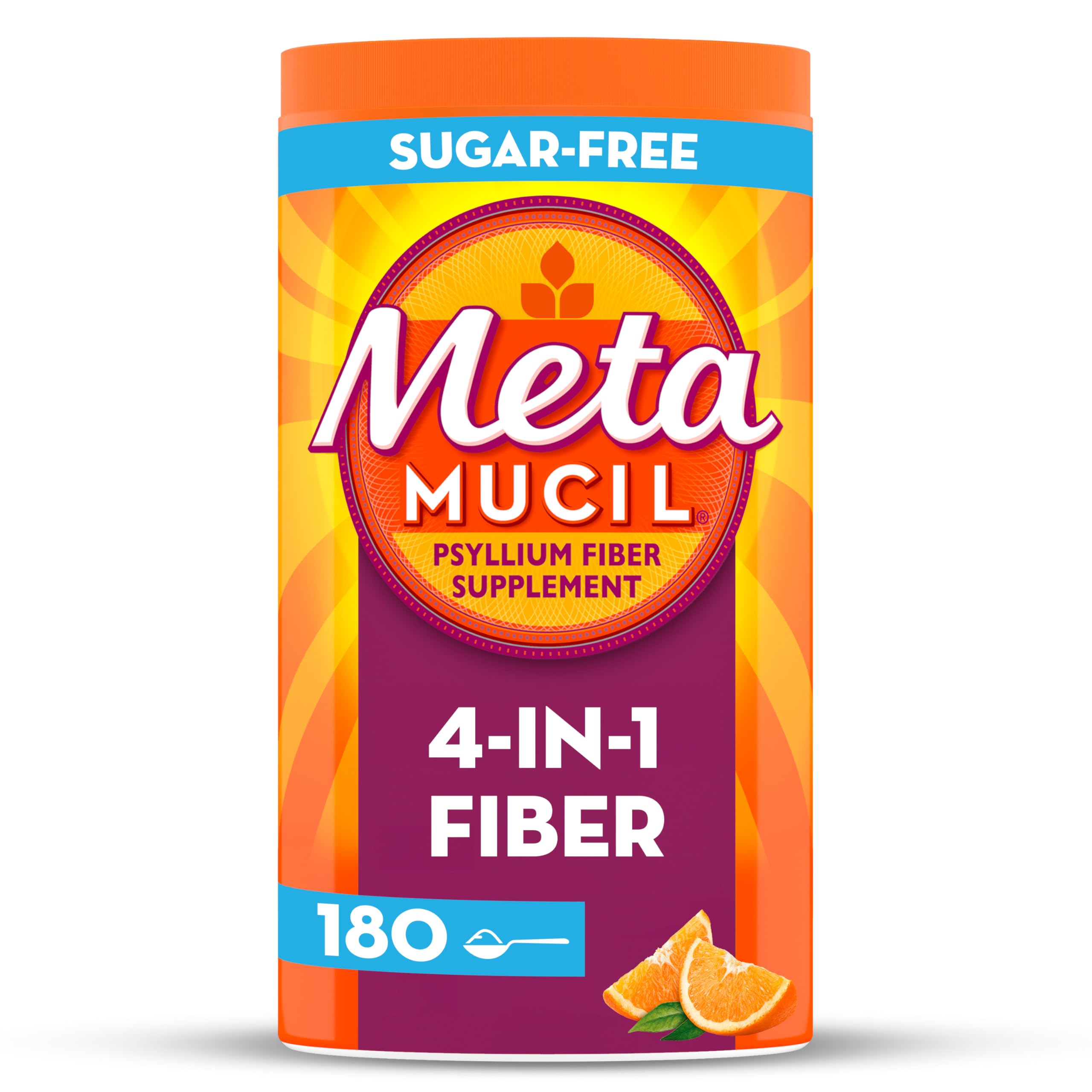 Metamucil4 in 1 Daily Fiber Supplement Powder, Fiber Powder for Digestive Health and Regularity*, Sugar-Free, Orange, Naturally Sourced Psyllium Fiber, 180 teaspoons