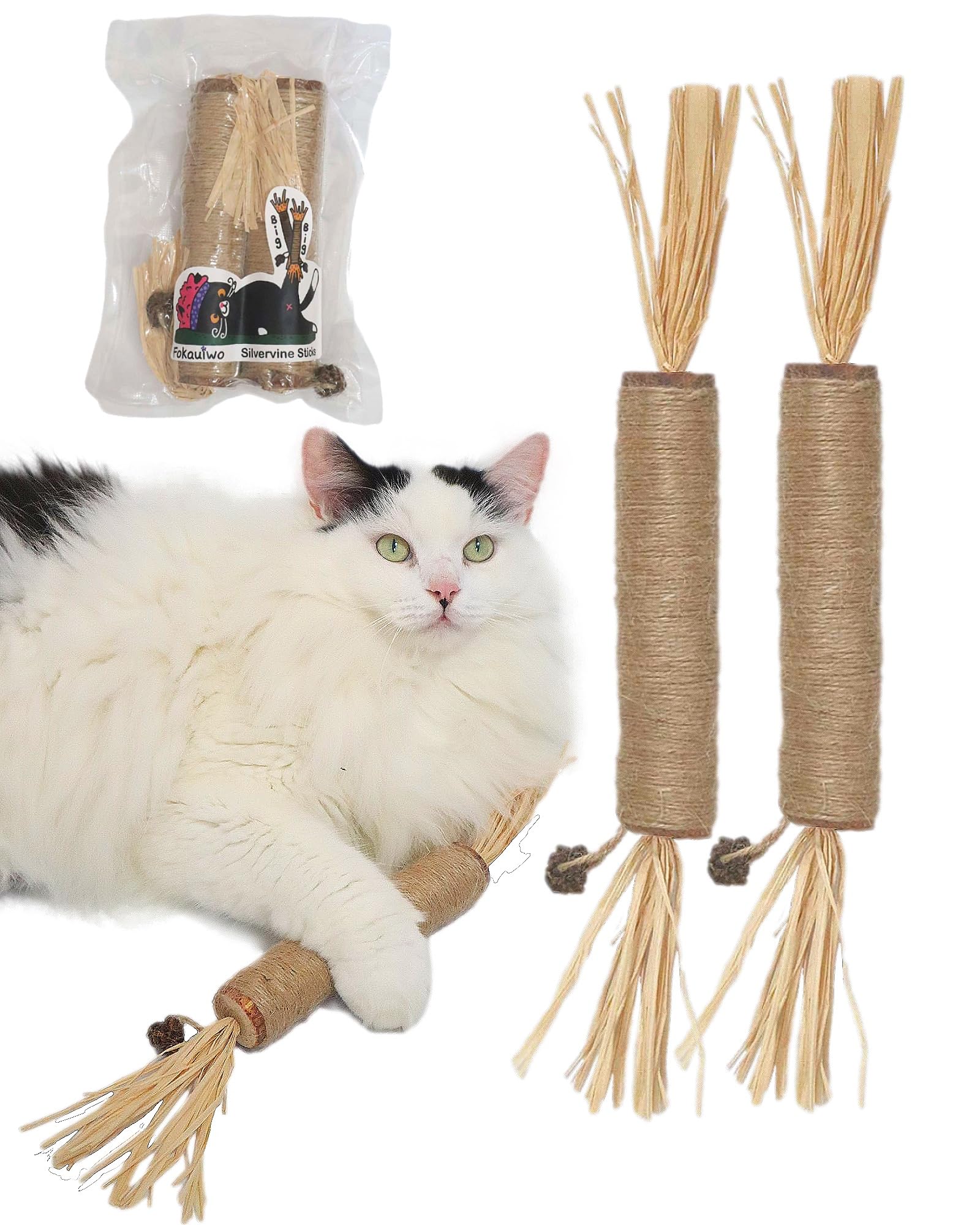 Fokauiwo 14.96 Inches Big Silvervine Sticks Cat Toys, Large Natural Catnip Kittens Chew Toy for Teeth Cleaning, Catmint Silvervine Blend Stick, Edible Dental Kitty Chews (2 Pack)