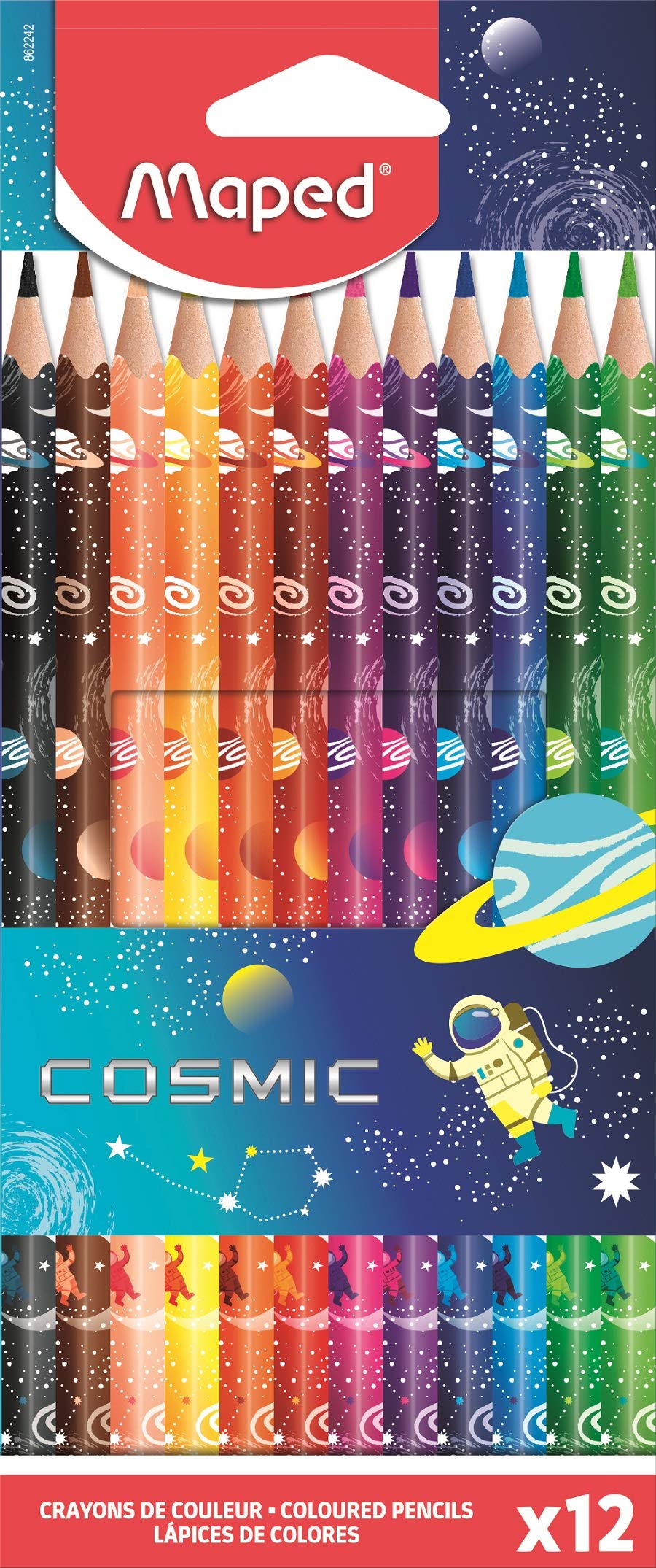 Maped - Color'Peps Tatoo Cosmic Coloured Pencils - Ergonomic Triangular Pencil - Bright Colours - Complies with Toys Regulations - 12 Decorated Cosmic Pencils