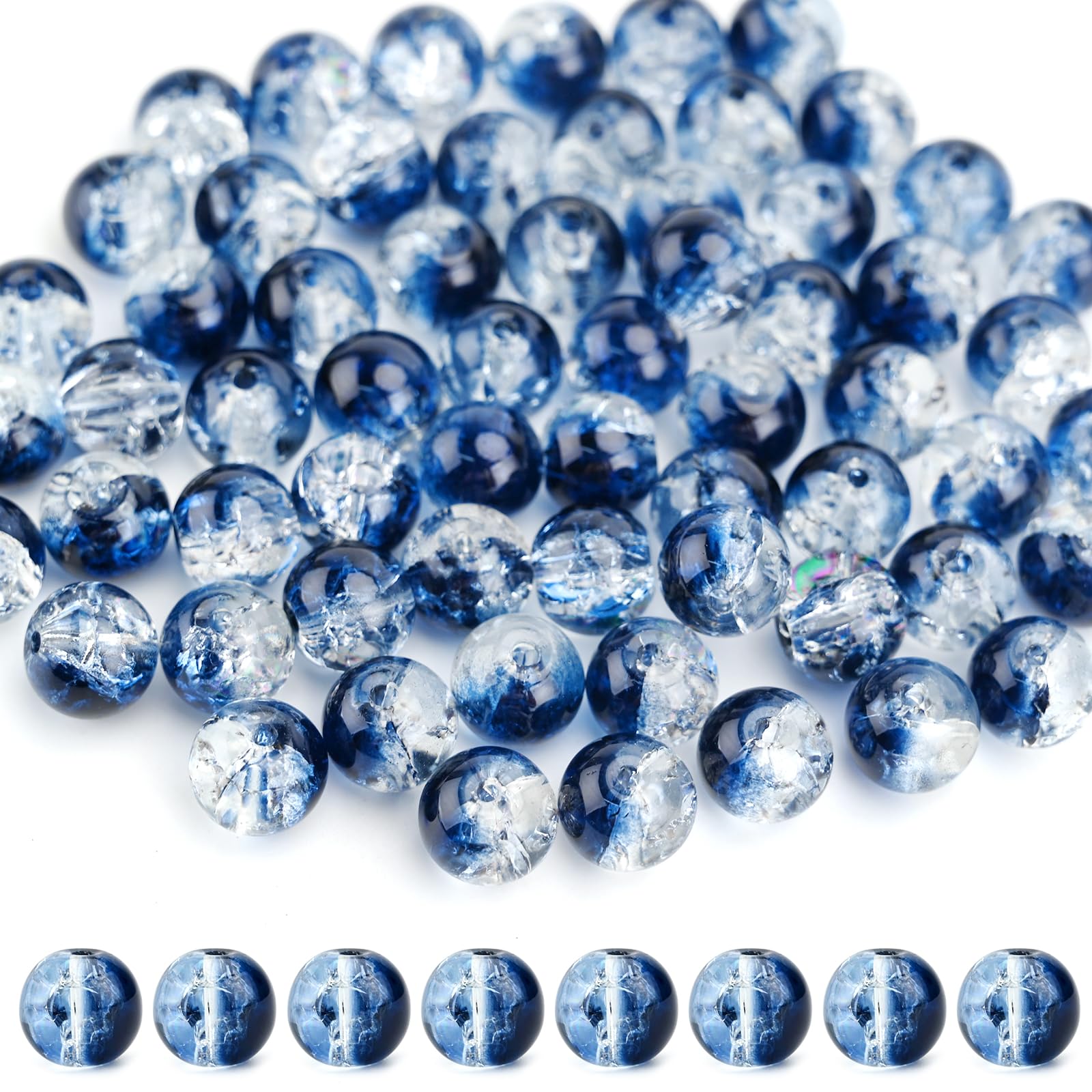 60 Pcs Crystal Beads Coloured Crafting Beads Round Loose Gemstone Beads DIY Smooth Stone Beads with Holes Jewelry Making Crackle Spacer Strand Beads for Bracelet Necklace Earrings Decorations (Blue)