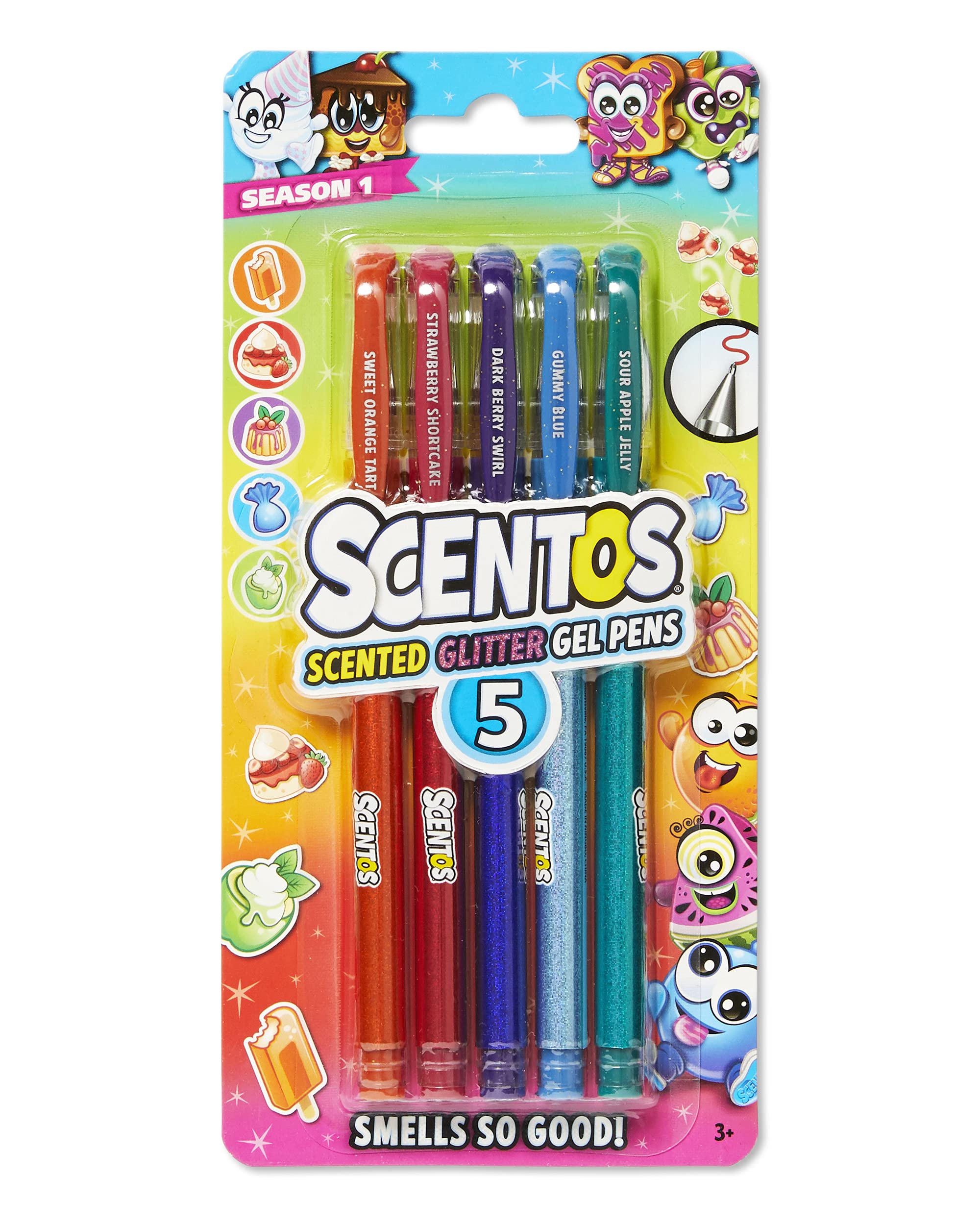 Scentos Scented Gel Pens for Kids - Assorted Colorful Pens - Fine Point Gel Pen Set - For Ages 3 and Up - 5 Count (Glitter)