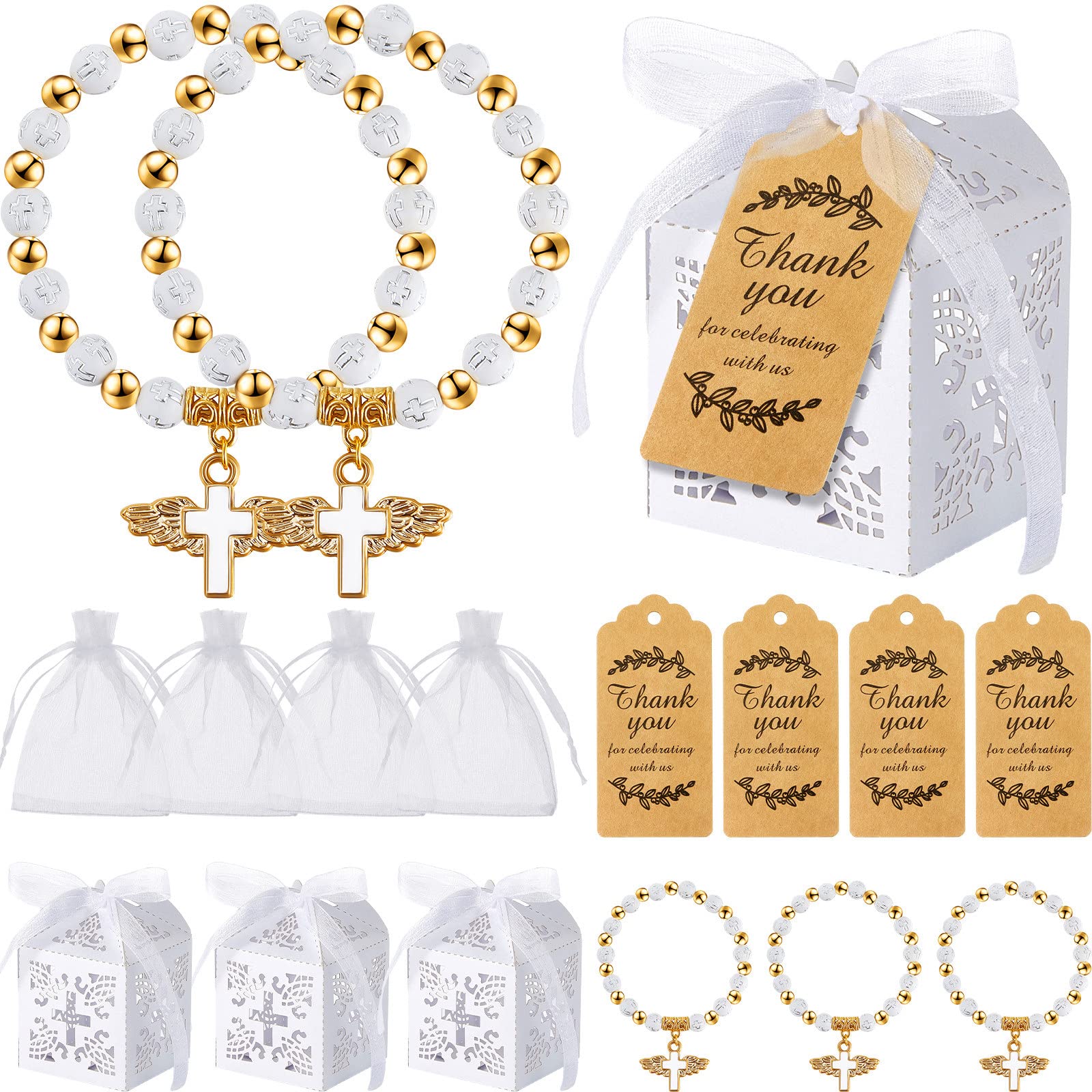 Henoyso 200 Pcs Baptism Favors Set Include 50 Pieces Angel Cross Rosary Bracelet 50 Baptism Favor Boxes with Ribbon 50 Thank You Tags 50 Organza Bags for Baby Shower Baptism Supplies(White, Gold)