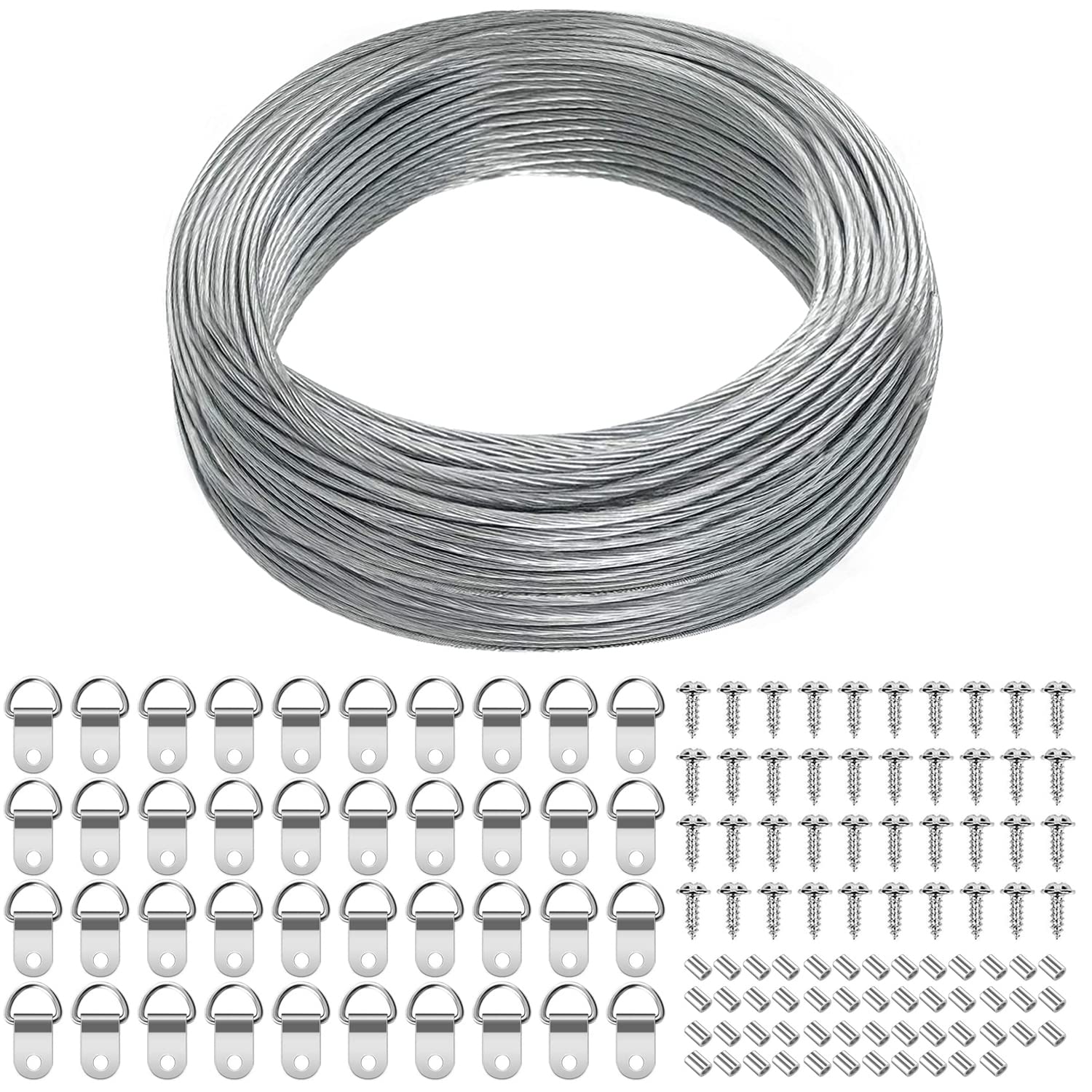 Nacorulu Picture Wire Hanging Kit, D Ring Picture Hangers(40pcs) ,Screws (40pcs) ,Aluminum Sleeves (50pcs), 100 Feet Picture Hanging Wire( Silver ,131pcs)