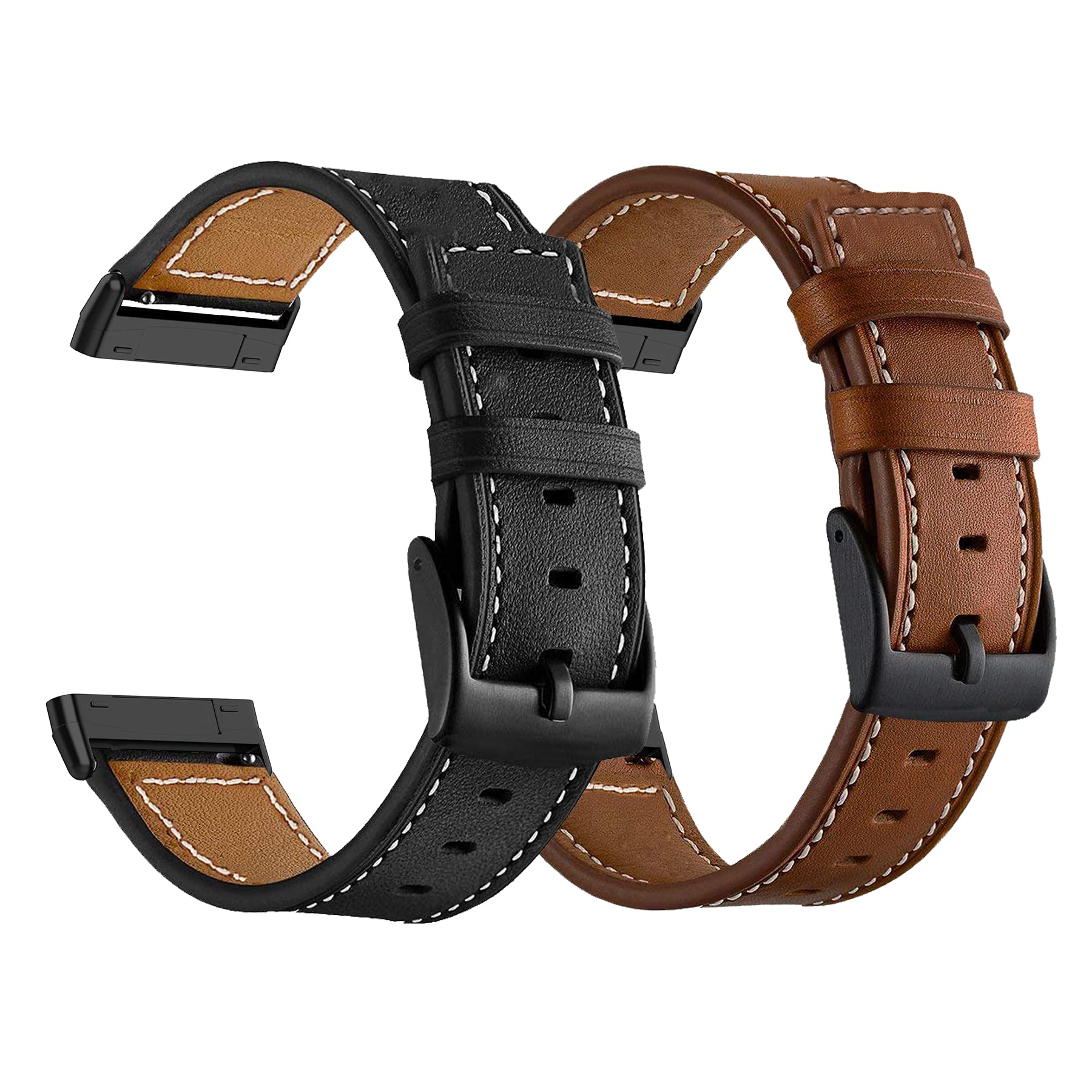 LDFAS Leather Band Compatible for Fitbit Sense/Versa 3 Bands, (2 Pack) Women Men Accessory Watch Strap with Black Metal Buckle Compatible for Fitbit Sense, Versa 3 Smartwatch, Brown+Black (Large)