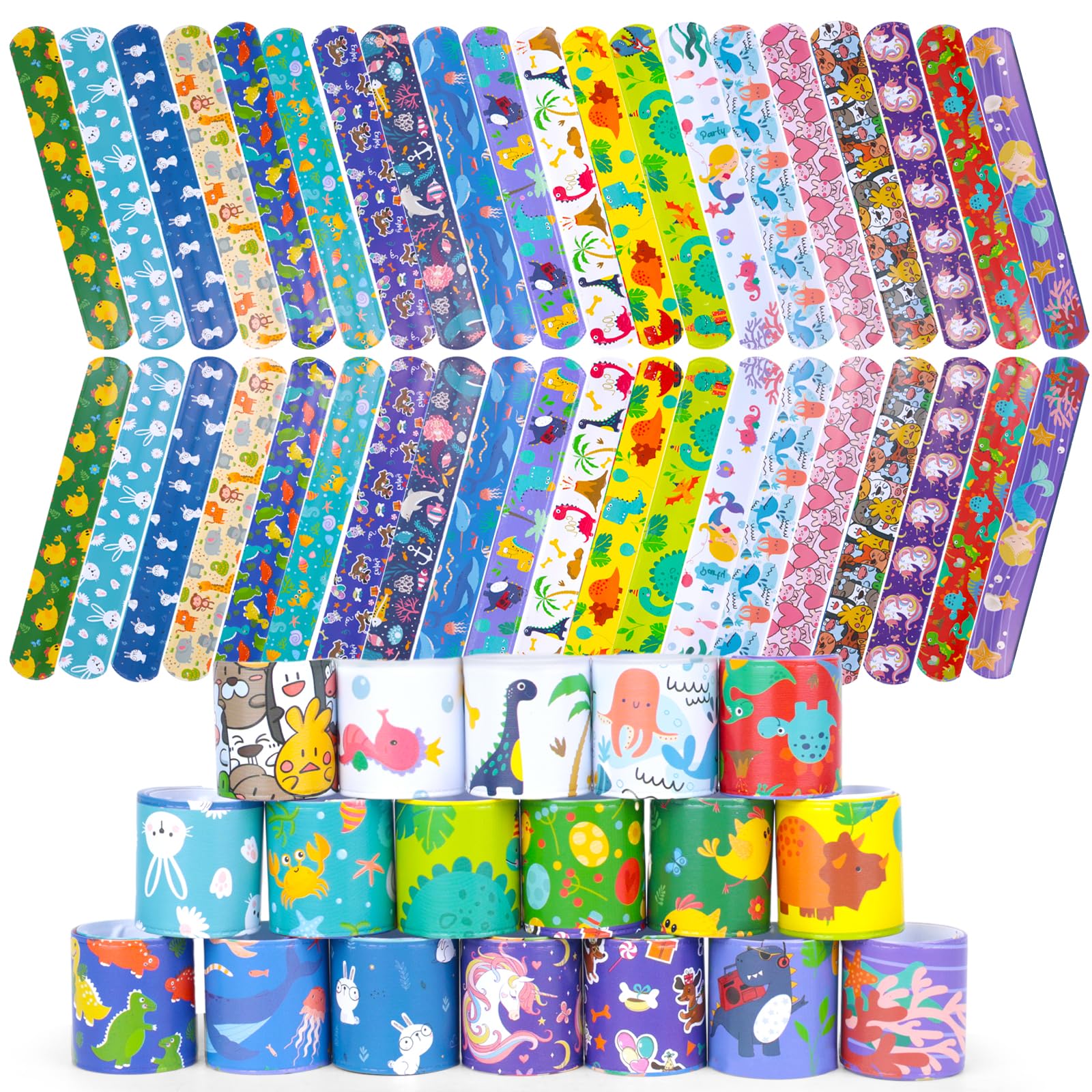 Koogel 40PCS Slap Bracelets Bulk, Snap Bracelets for Kids Slap Wristbands Mermaid Emotions Tie Dye for Party Favors Goodie Bag Fillers Class Rewards Office Parties