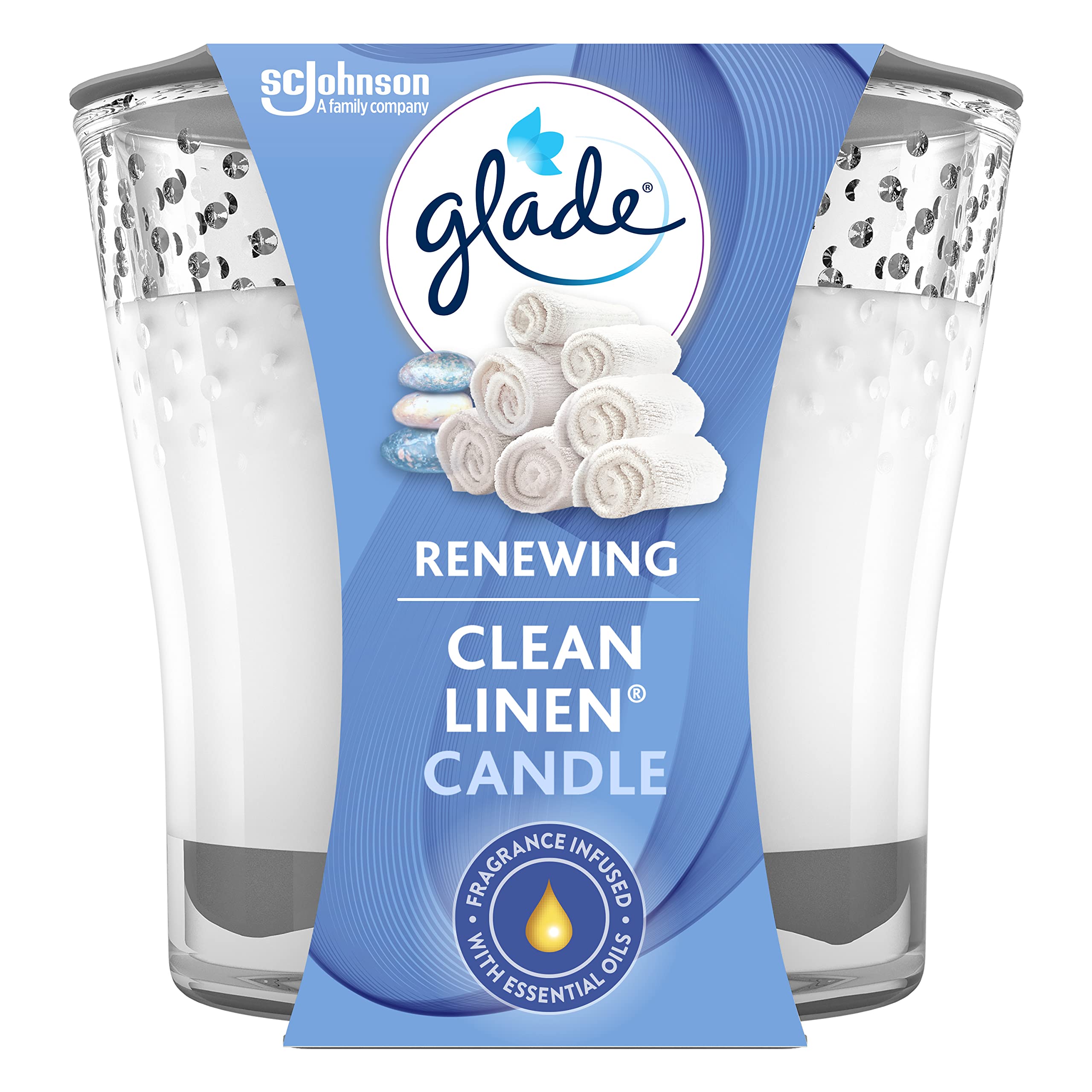 Glade Renewing Clean Linen Scented Candle, Fragrance Infused With Essential Oils, 3.4Oz