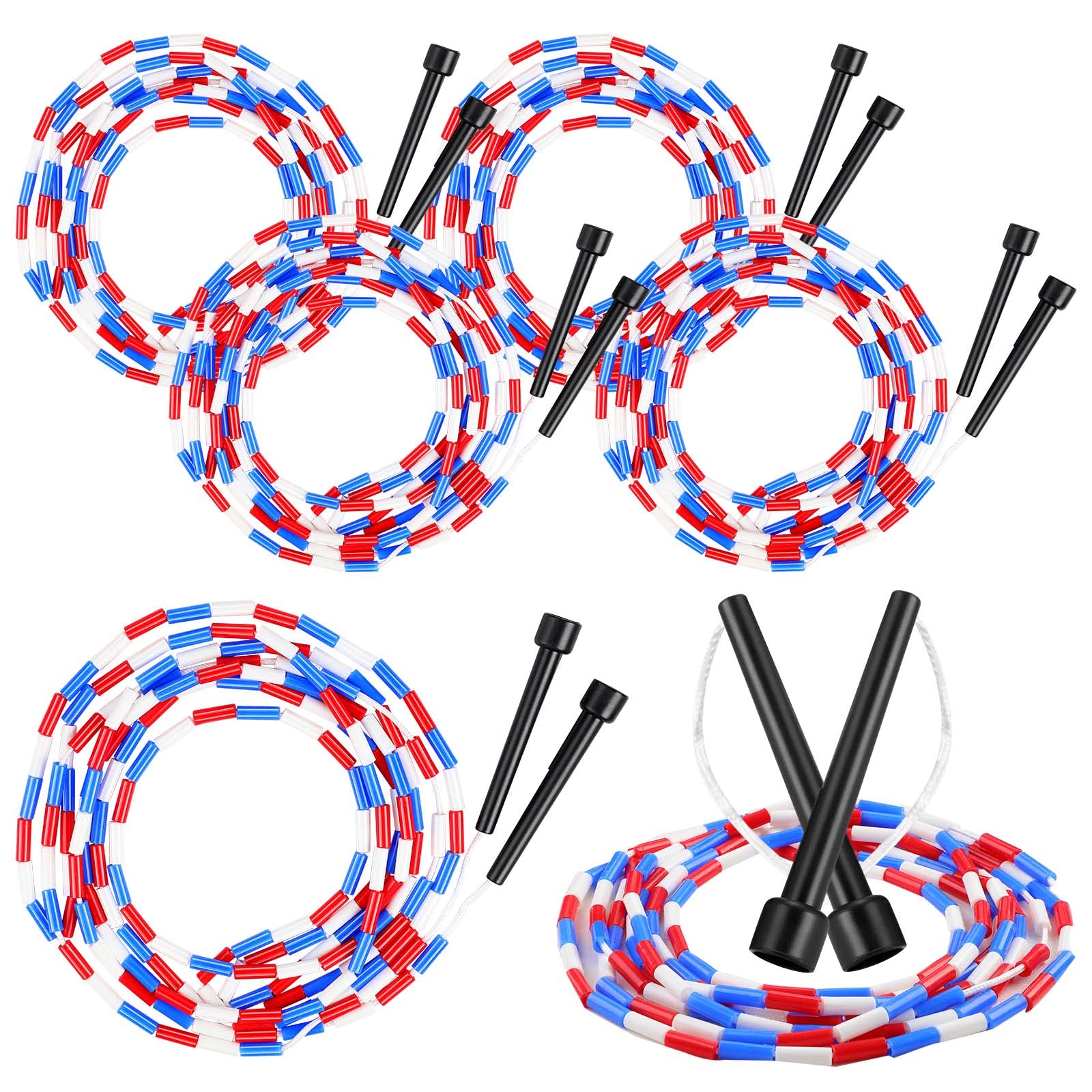 6 Pcs 16-Foot Double Dutch Jump Ropes Segmented Skipping Rope Colorful Beaded Ropes for Kids Adults Fitness Physical Education Gym Class School Sports Outdoor Activities, Red White and Blue