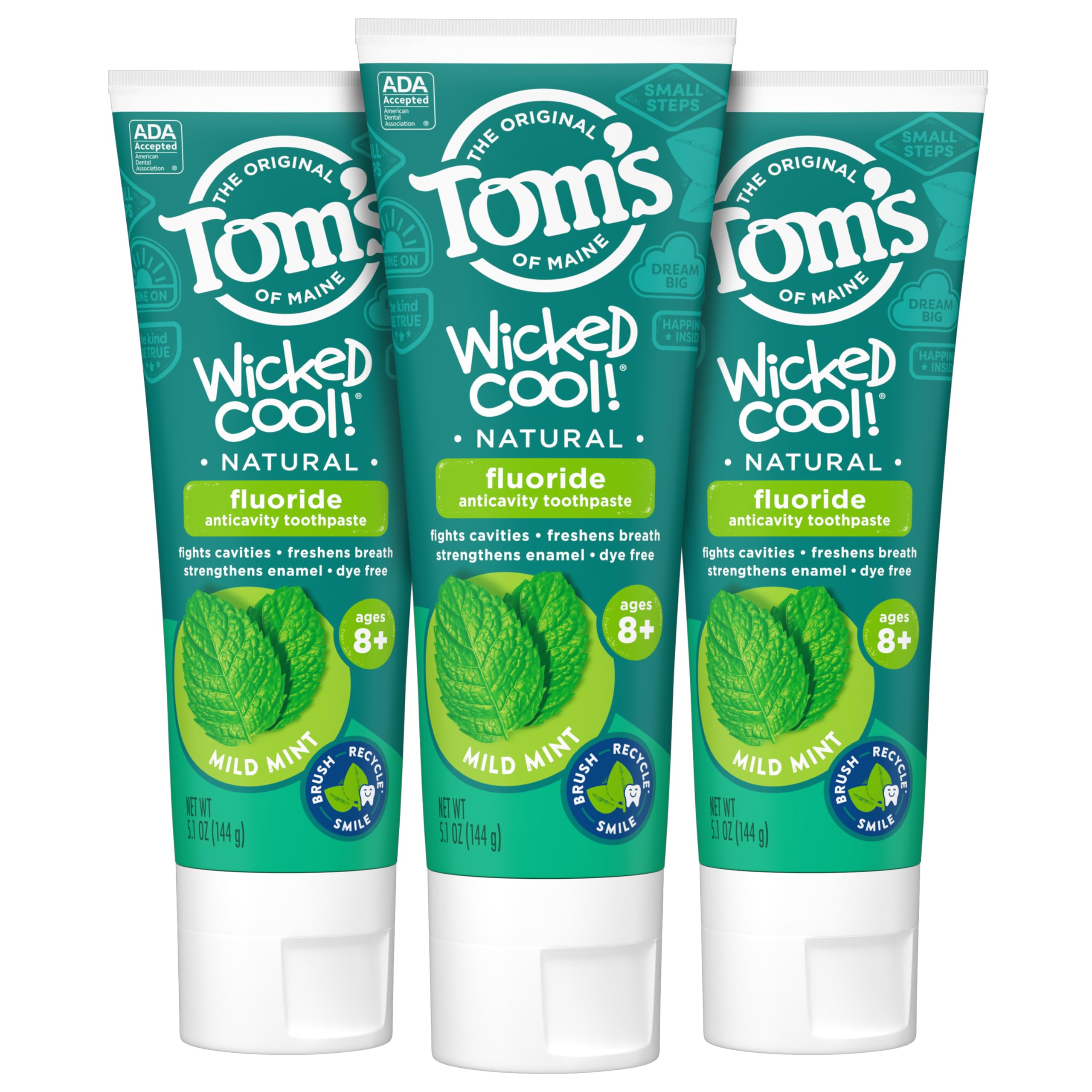 Tom's of Maine ADA Approved Wicked Cool! Fluoride Children's Toothpaste, Natural Toothpaste, Dye Free, No Artificial Preservatives, Mild Mint, 5.1 oz. 3-Pack (Packaging May Vary)