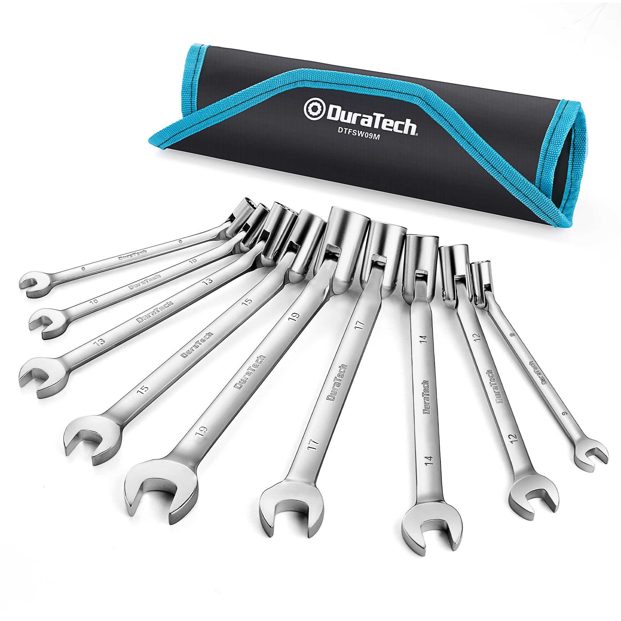 DURATECHFlex-Head Socket Spanner Set, Dual-Head Combination Socket Spanner Set, Metric Spanner Set, 8-19mm, 12 Point, 9-Piece, with Rolling Pouch