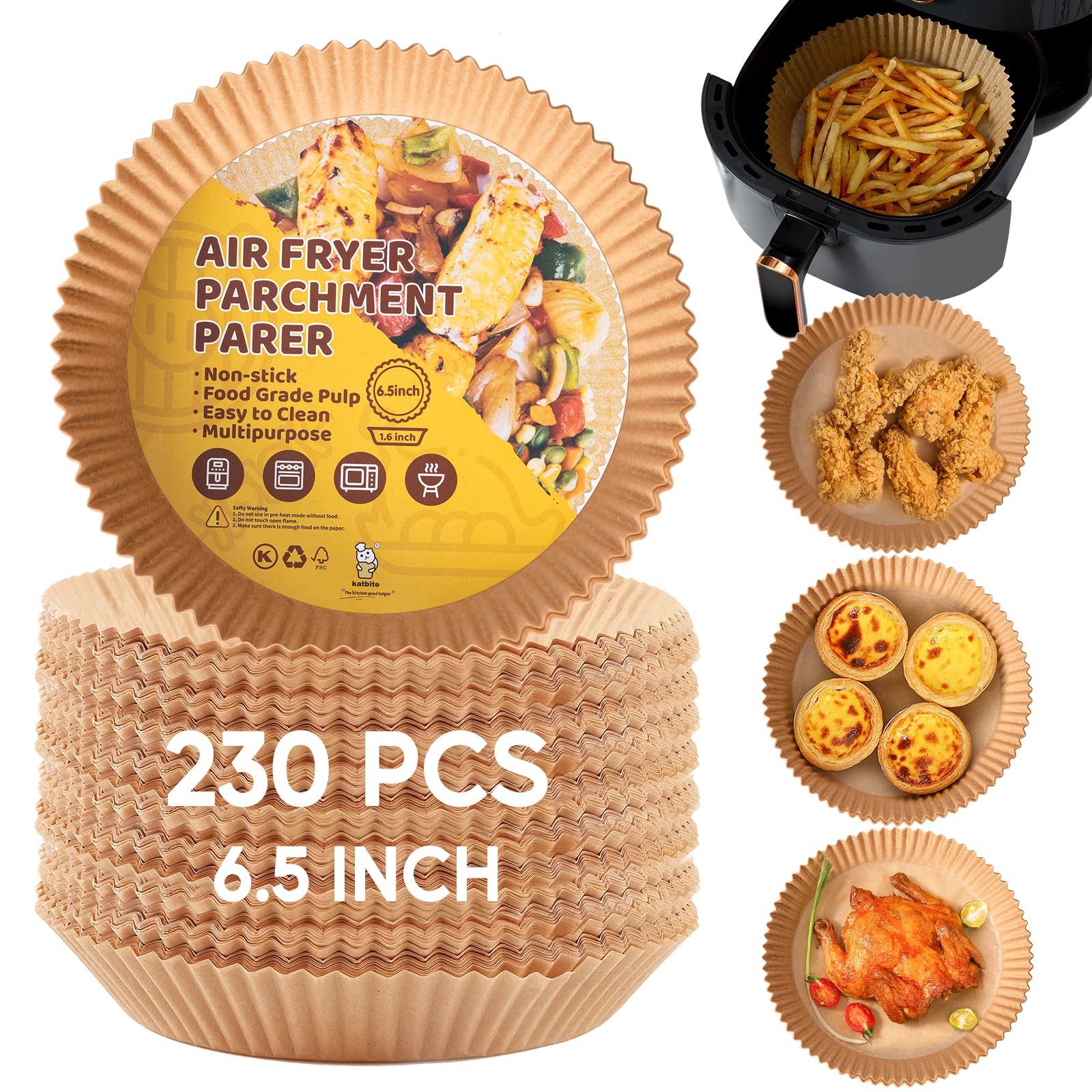 katbiteAir Fryer Liners for 3-5 L, 230PCS 6.5 Inch, Non-Stick Air Fryer Parchment Paper Liners, Oil-Proof Water-Proof Round Air Fryer Liners, Air Fryer Paper Liners for Ninja, Tower, Cosori, Gourmia