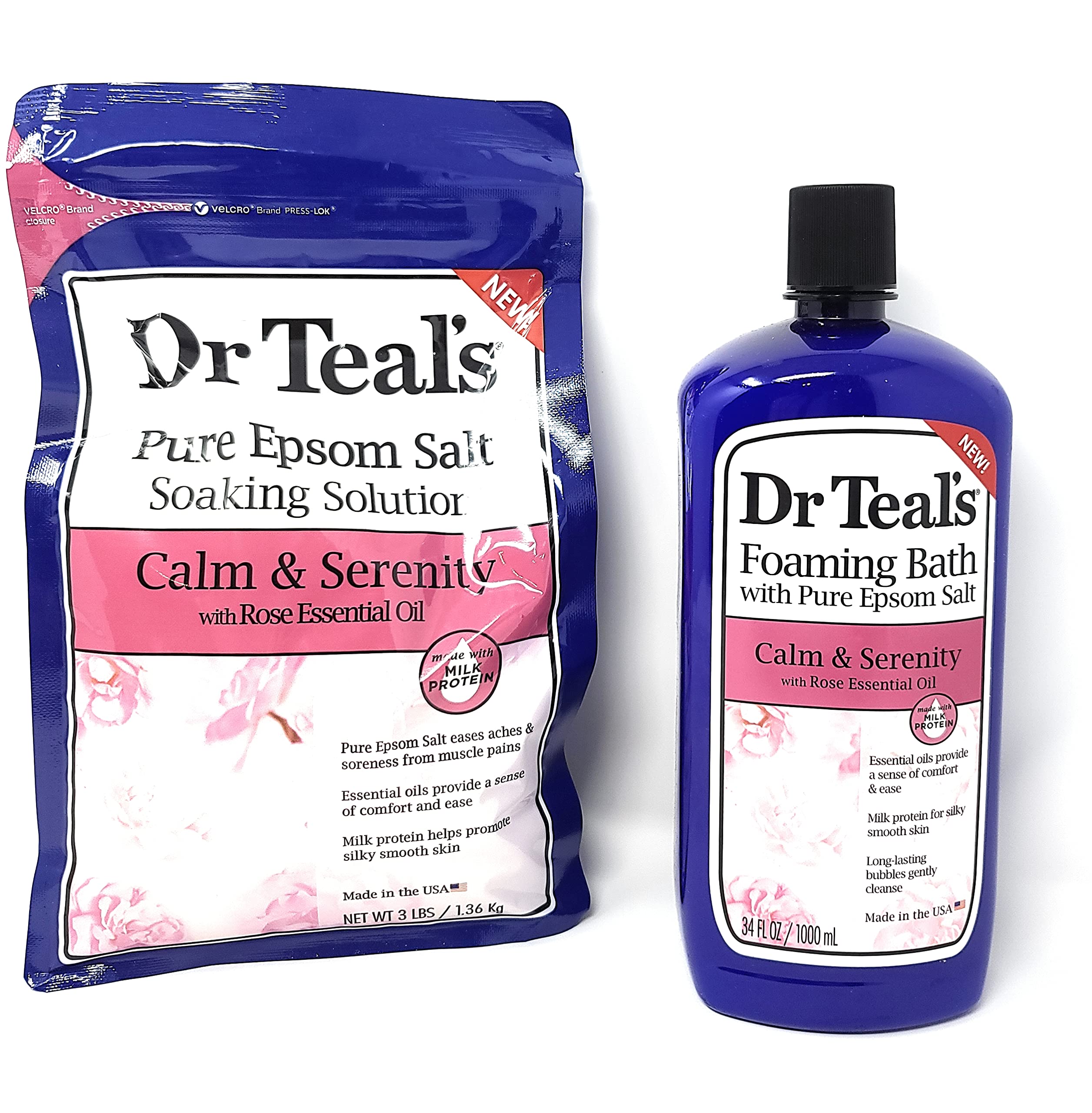 Bundle of Dr Teals Calm & Serenity with Rose Essential Oil (Made with Milk Protein): Pure Epsom Salt Soaking Solution 3 LBS & Foaming Bath 34 FL OZ