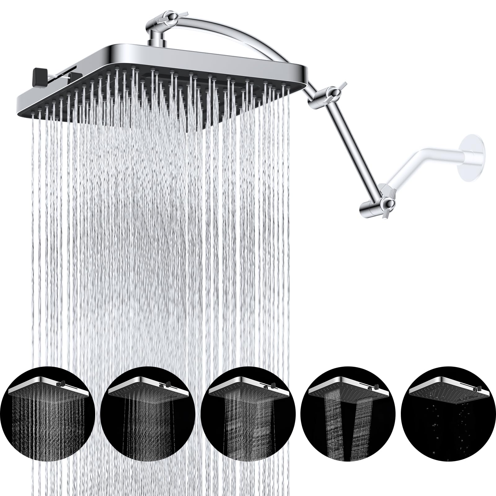 Hibbent Rain Shower Head, 13'' High Pressure Rainfall Square 5 Spray Mode Showerhead with 16" Shower Head Extension Arm, Solid Brass Adjustable Shower Arm Extender, Waterfall fixed Showerheads, Chrome