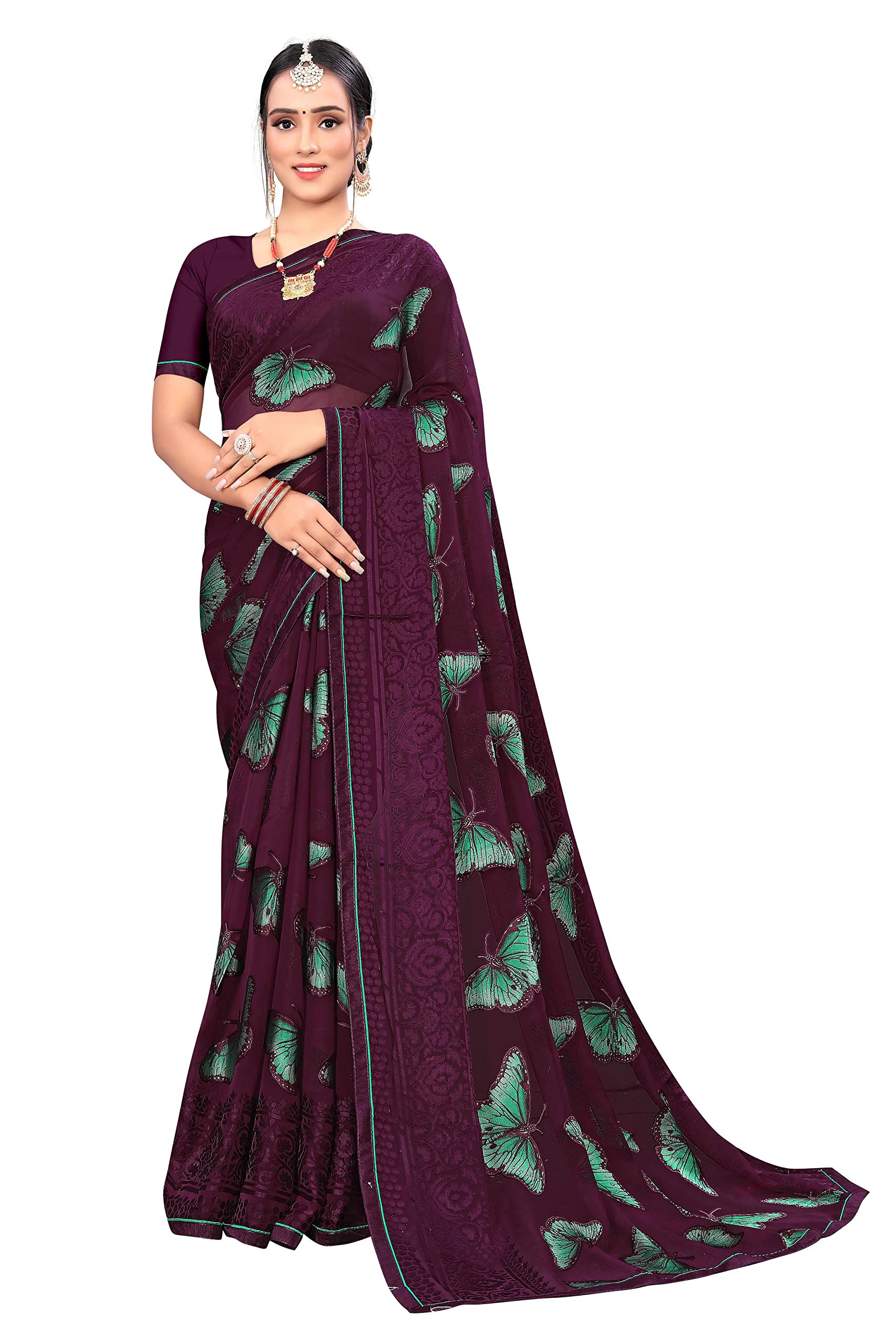 PBS PRINTS Women's Chiffon Brasso Saree With Unstitched Blouse Piece