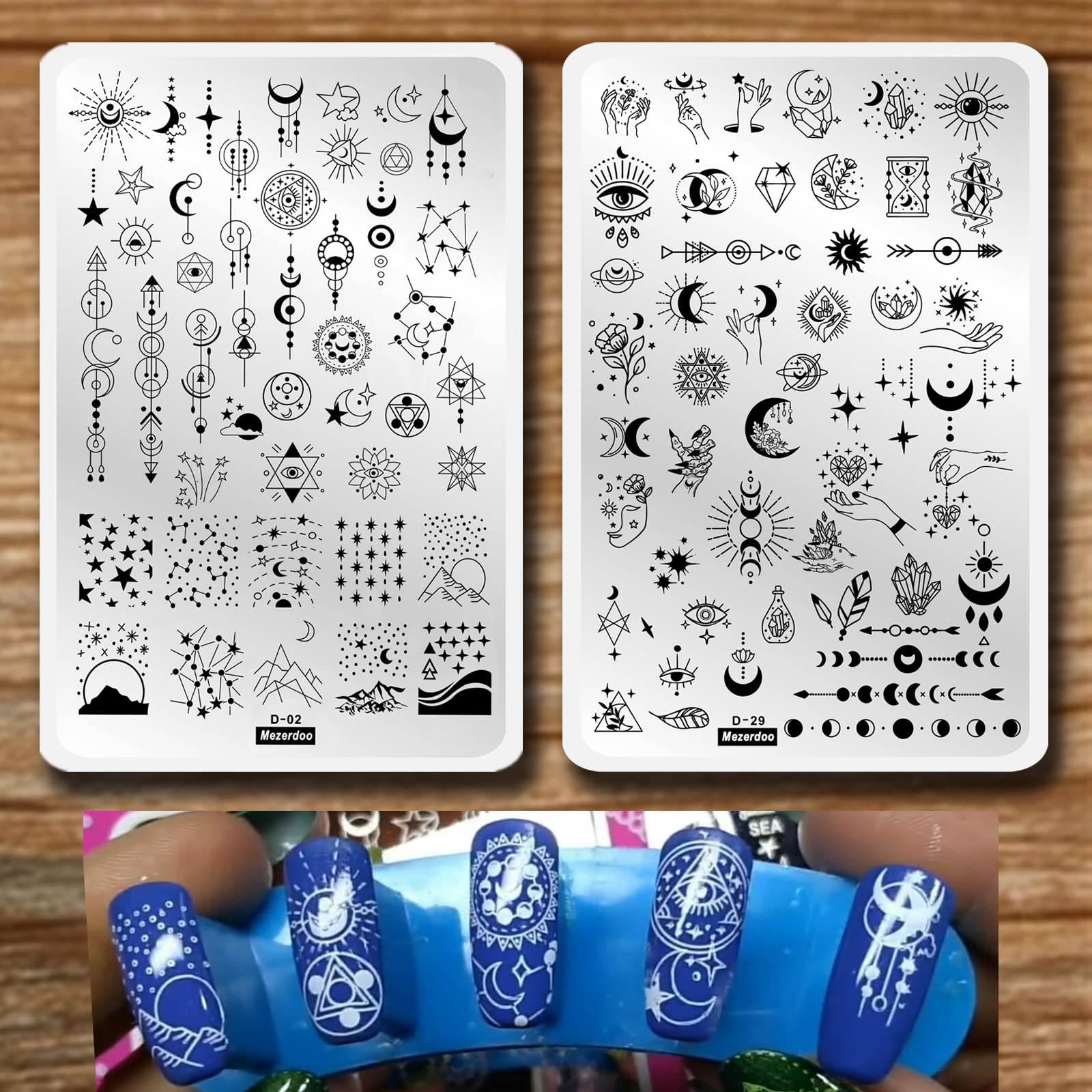 Starry Star Moon Design Stamping Plates Nail Art Kit 2pcs Galaxy Night Sky Large Stamp Templates Space Planet Stamper Plate Heart Sun Geometry Printing Stencils Reusable Tools