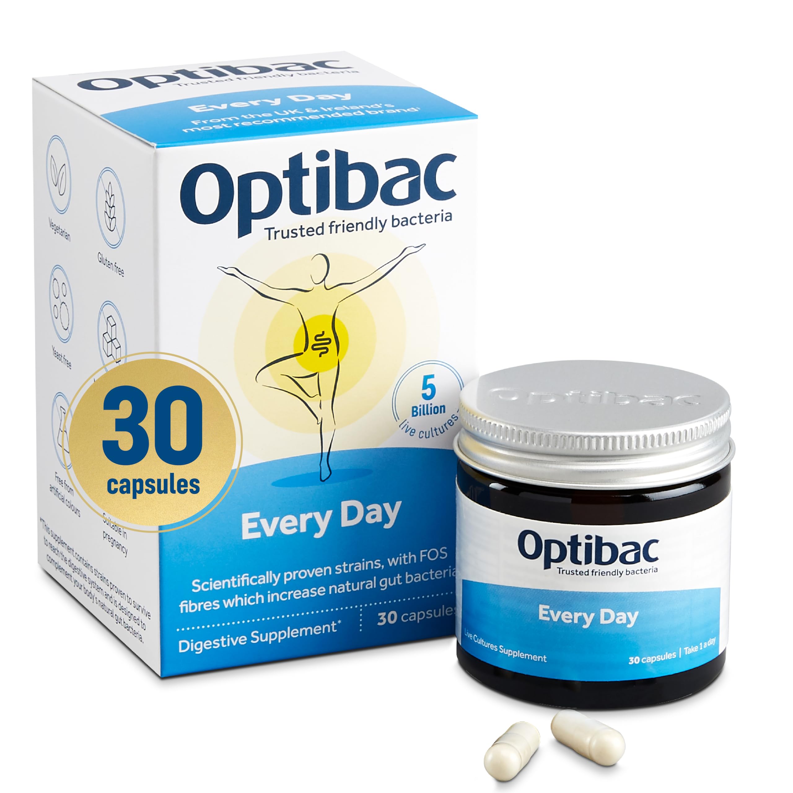 Optibac Probiotics Every Day - Digestive Probiotic Supplement with 5 Billion Bacterial Cultures & FOS Fibres - 30 Capsules