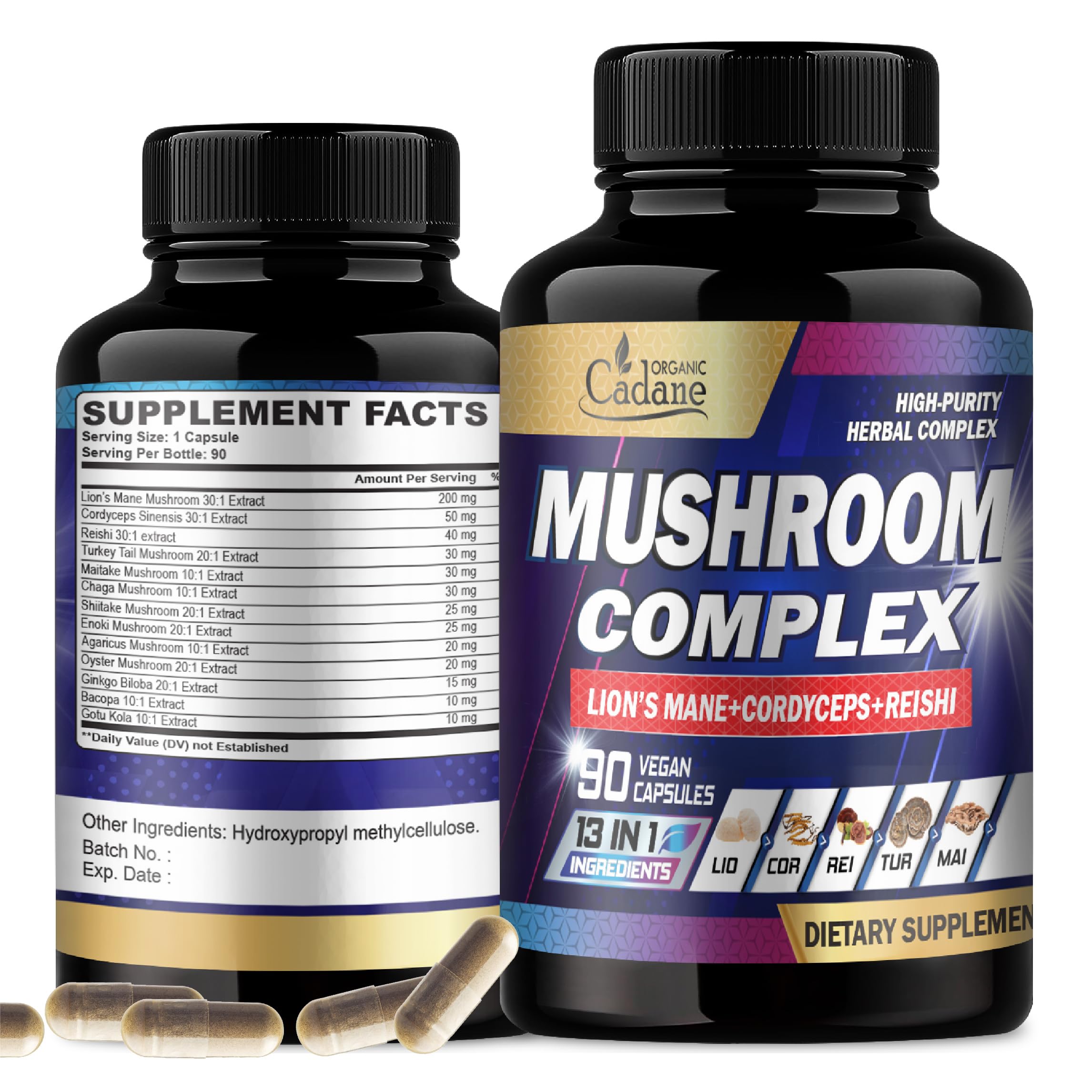 Organic CadaneMushroom Complex Supplements 12000mg - Brain Health, Immune System, Memory & Energy Production - 13in1 with Lions Mane Mushroom, Bacopa, Reishi & More - 90 Vegan Capsules