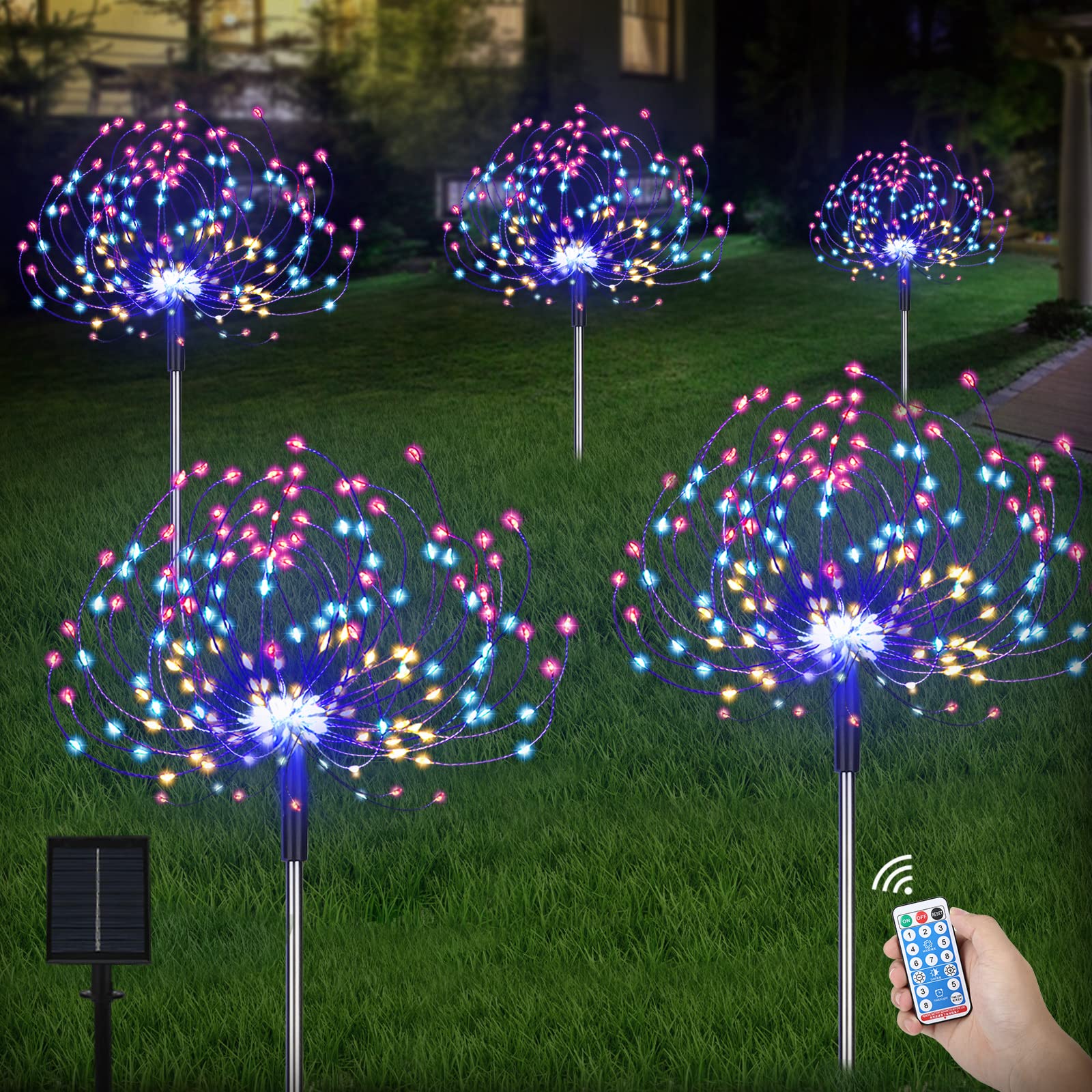 LightessFireworks Solar Lights Outdoor with Remote 5 Pack, Waterproof Solar Fireworks Lamp, Decorative Solar Garden Stake Lights for Christmas Path Yard Patio Landscape, Multicolored, LG9941073