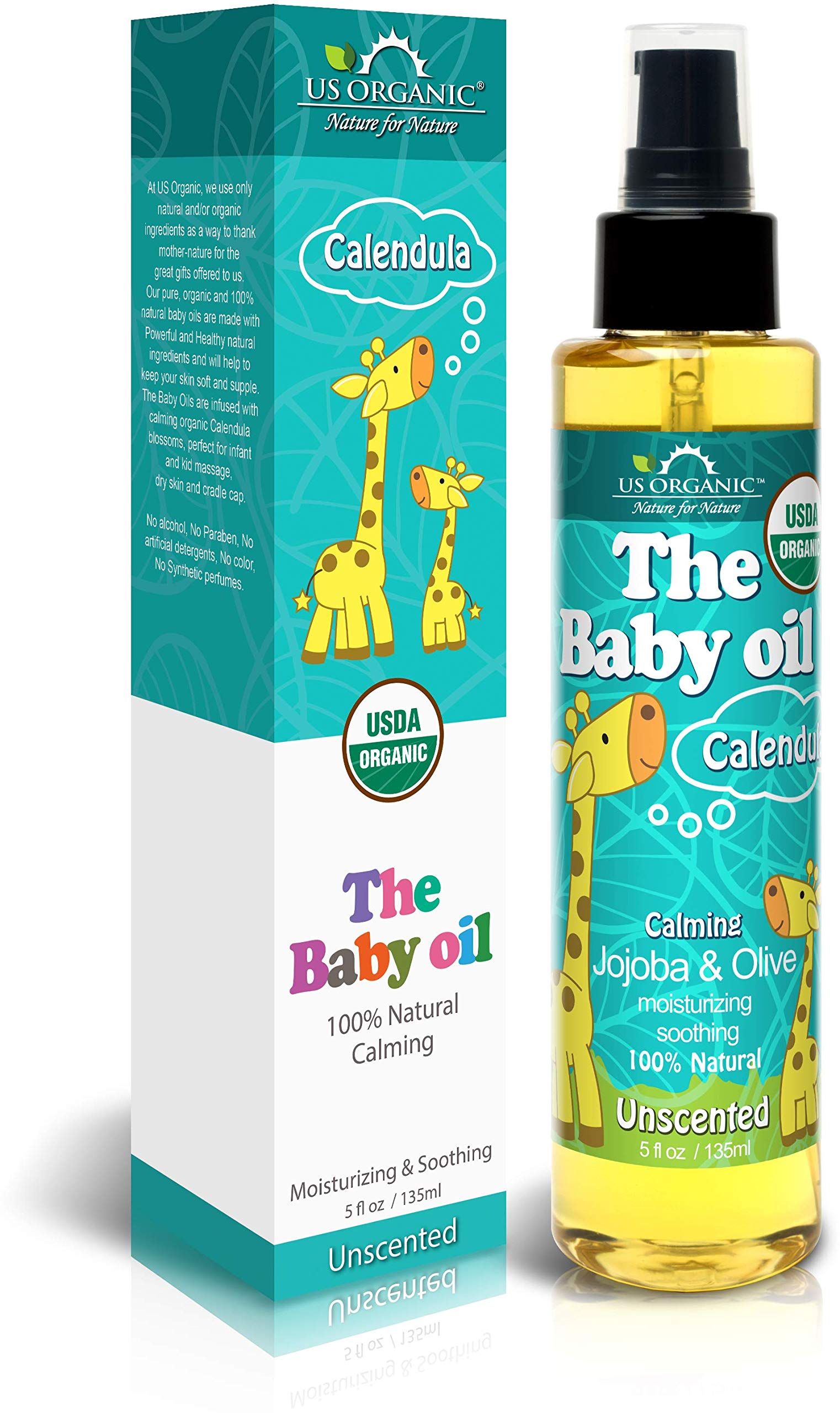 US Organic Baby Oil with Calendula, Unscented - Jojoba and Olive Oil with Vitamin E, USDA Certified Organic, No Alcohol, Paraben, Artificial Detergents, Color, Synthetic Perfumes, 5 fl. Oz